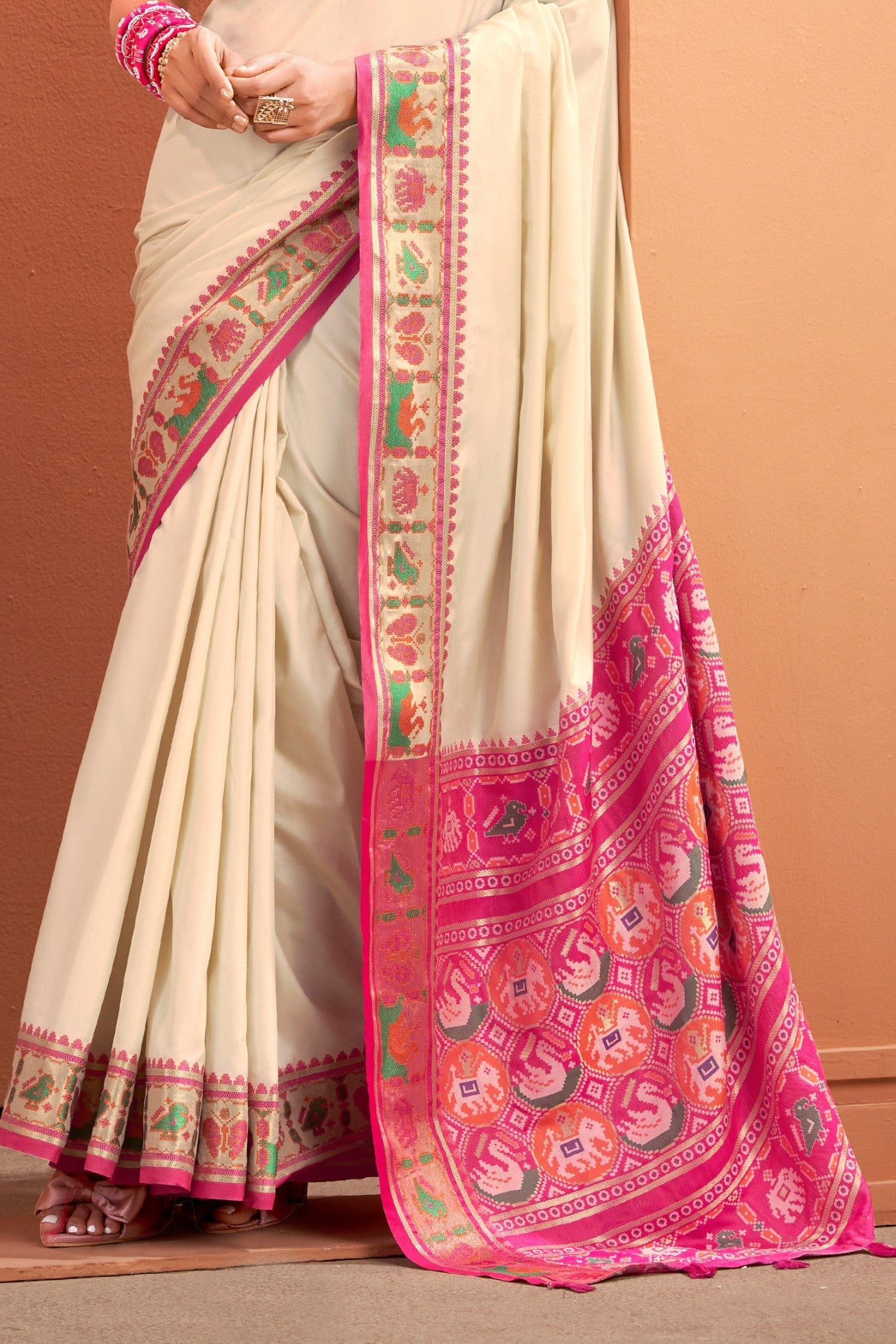 Buy MySilkLove Chiffon Cream Woven Banarasi Patola Silk Saree Online