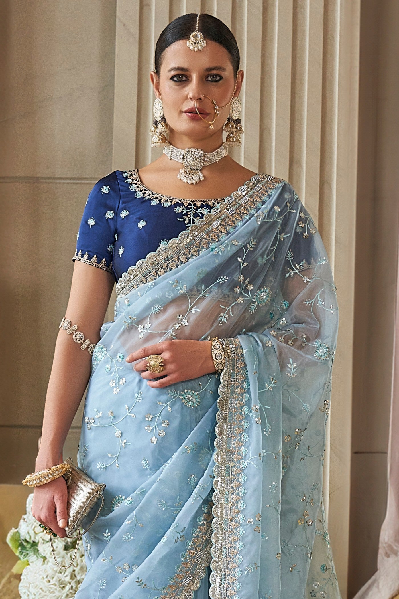 Buy MySilkLove Nepal Blue Tissue Designer Saree Online