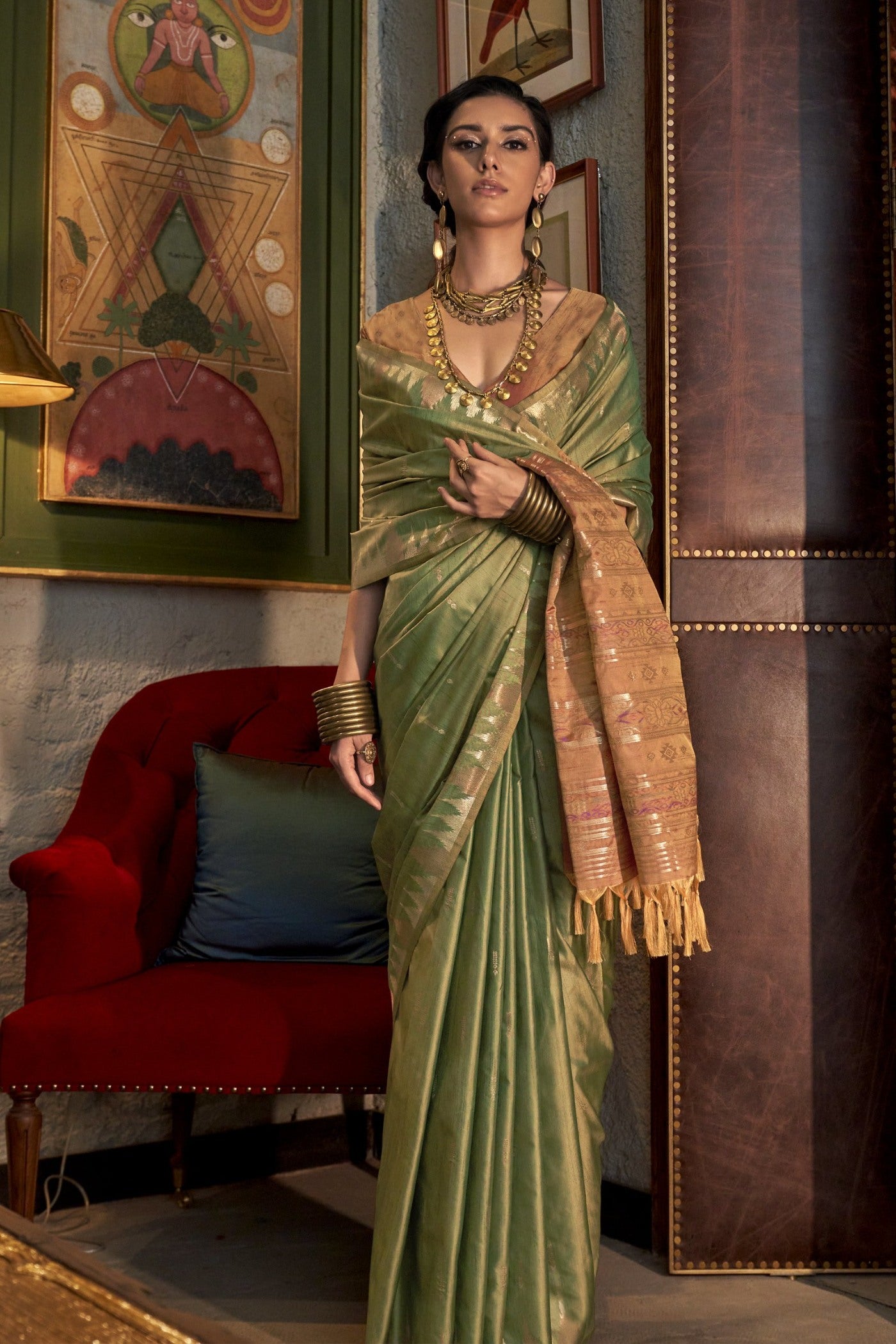 MySilkLove Mineral Green Woven Linen Saree