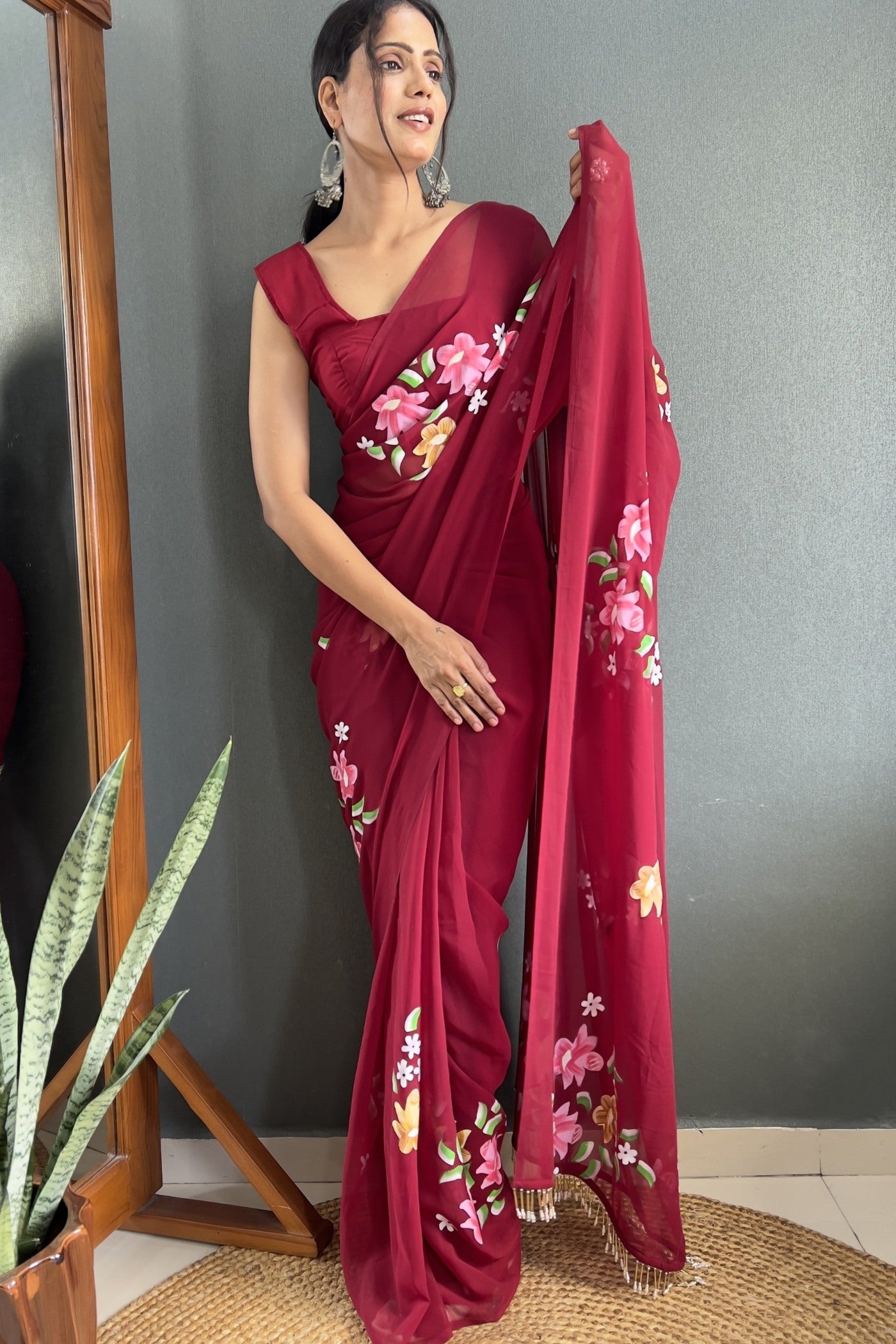 Buy MySilkLove Burgundy Maroon Hand Painted Georgette Saree Online