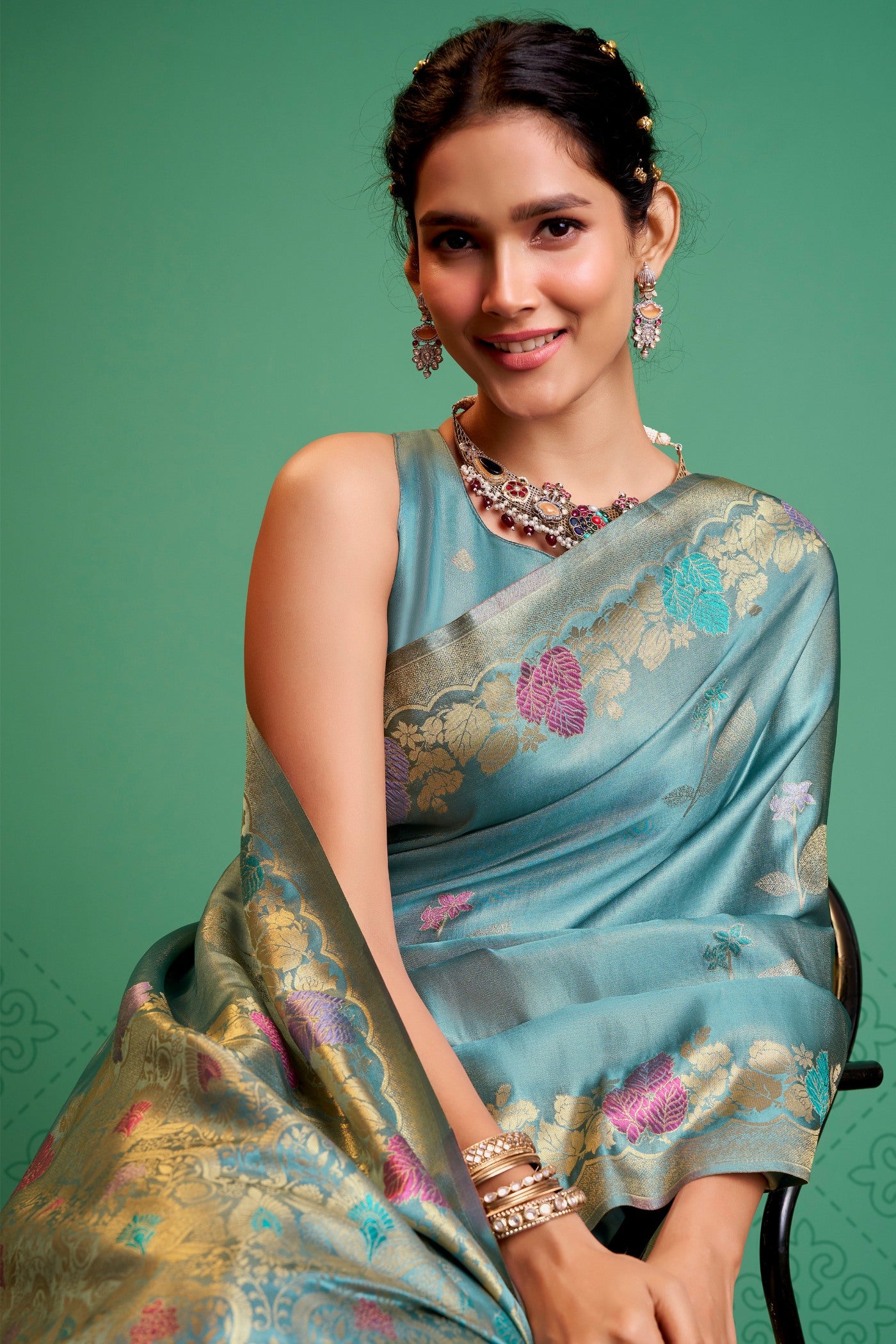 MySilkLove Surfie Blue Handloom Satin Silk Saree