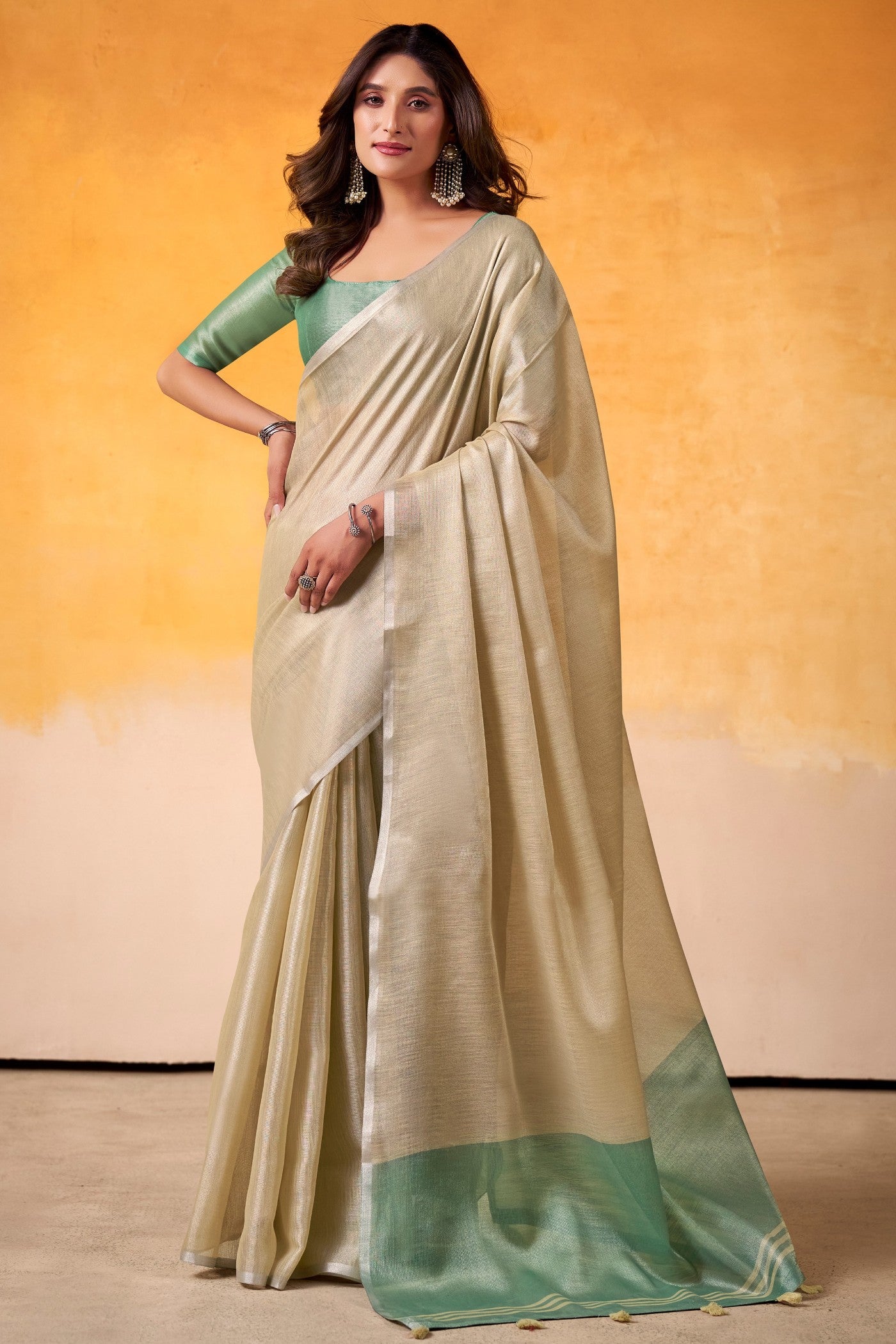 Buy MySilkLove Salt Cream and Green Woven Tissue Silk Saree Online