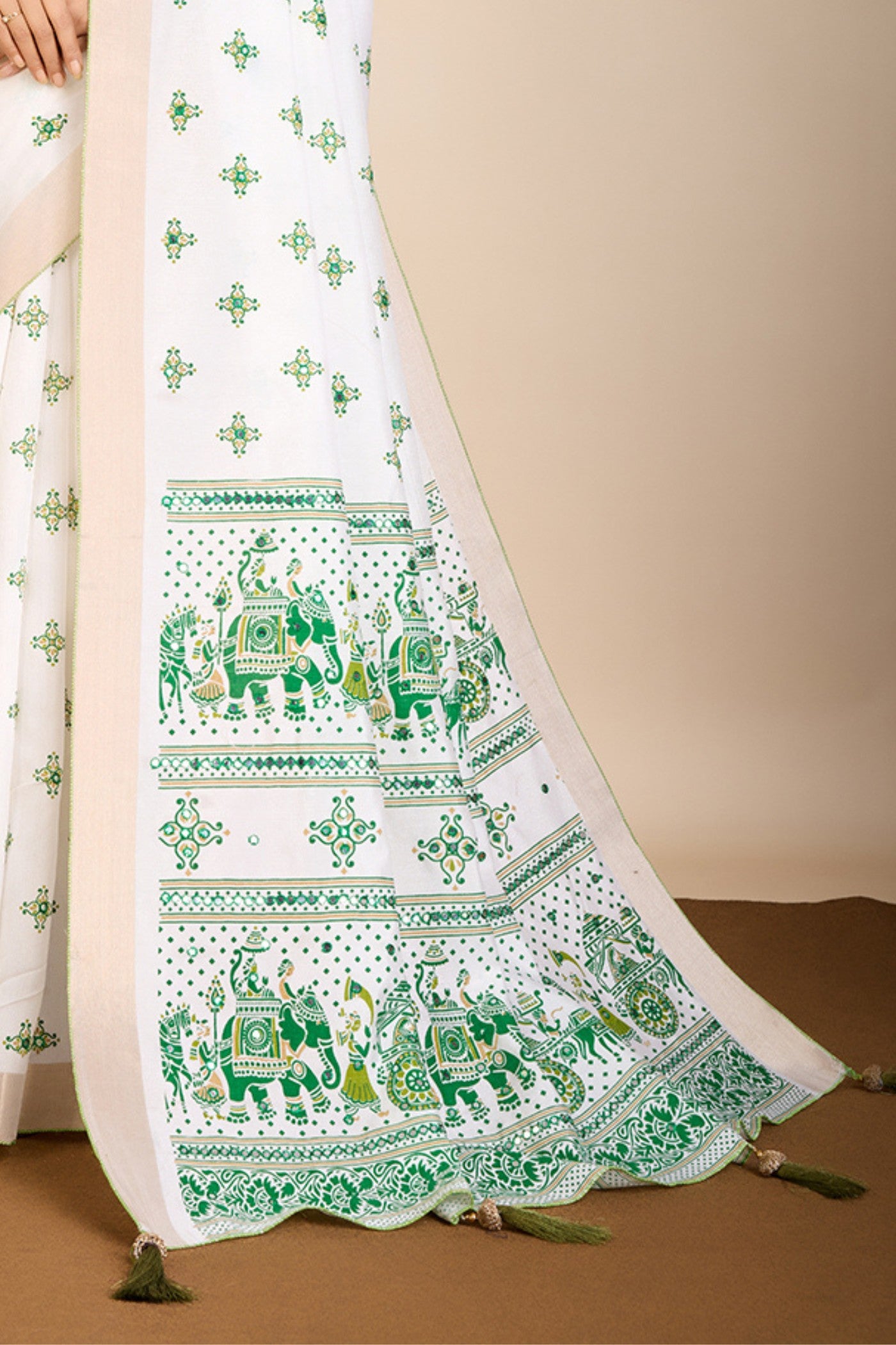 Buy MySilkLove Pearl White and Green Printed Cotton Designer Saree Online