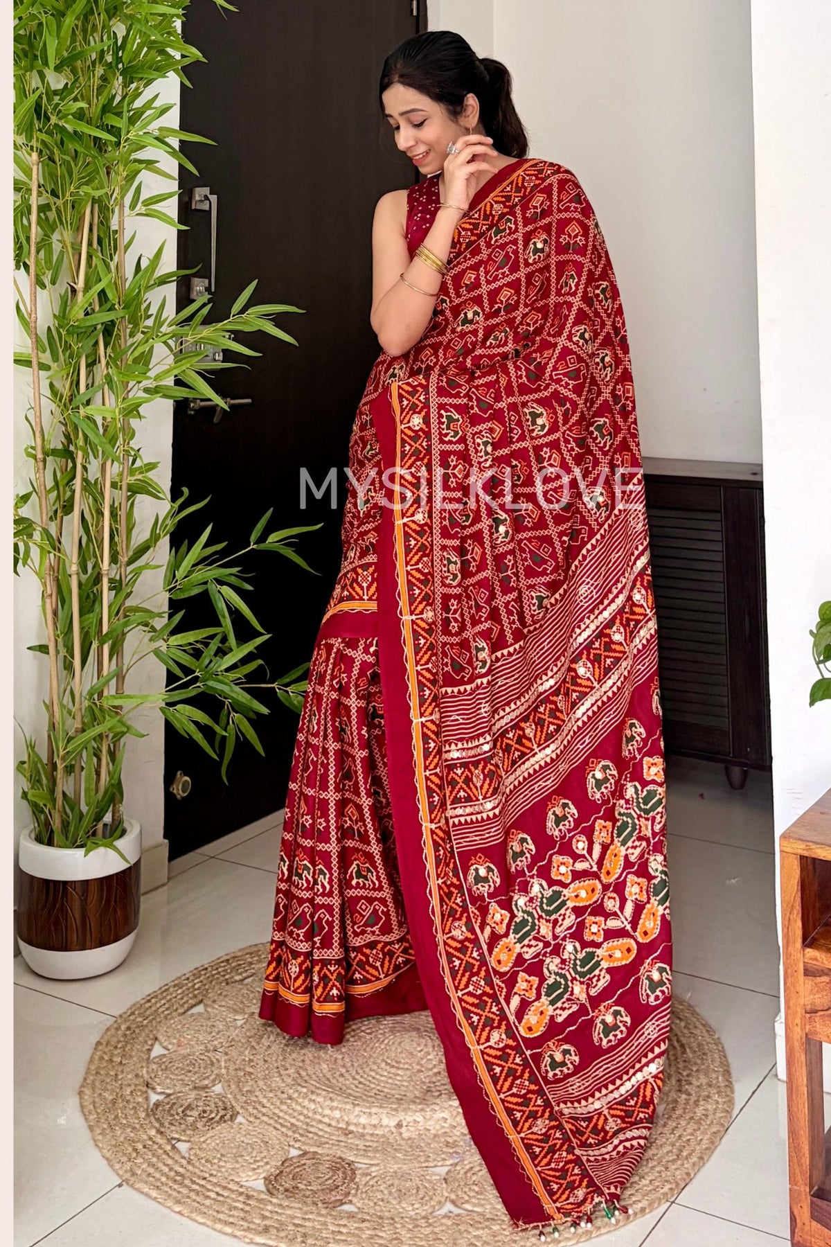 Buy MySilkLove Cherry Red Patola Embroidery Small Mirror Work Handloom Saree Online