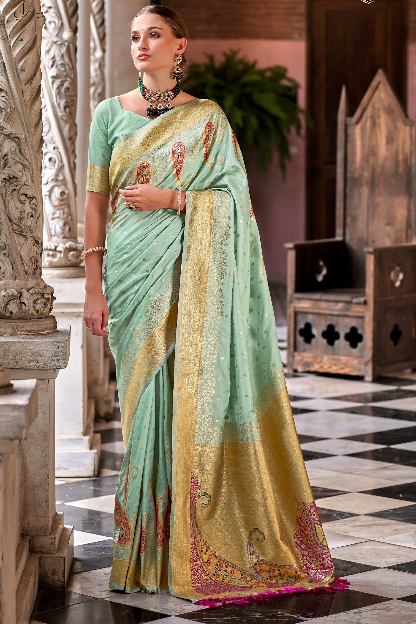 Buy MySilkLove Pine Green Banarasi Soft Silk Saree Online