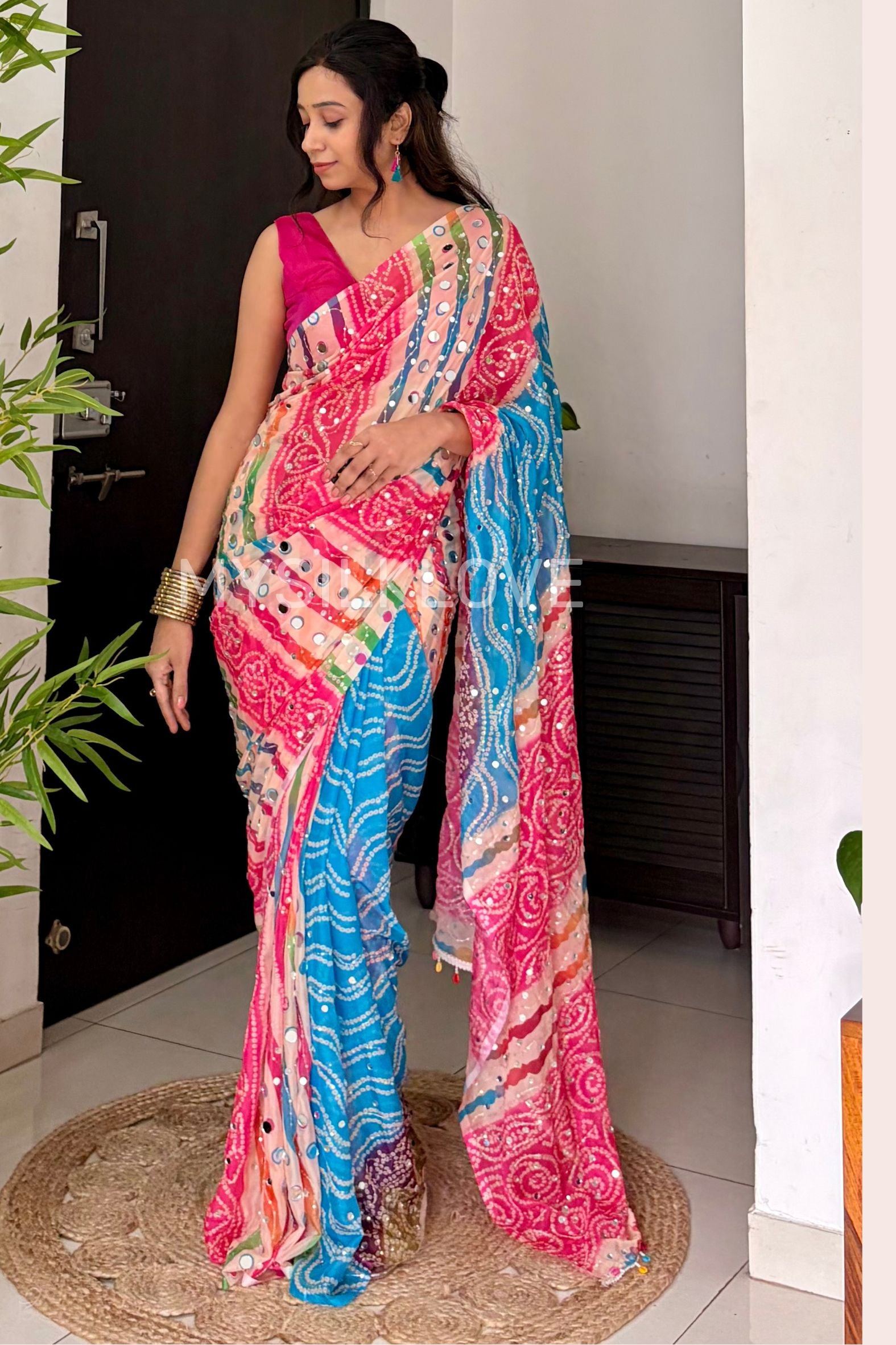Buy MySilkLove Zareen Khan Inspired:  Pink and Blue Pure Georgette Mirror Work Saree Online