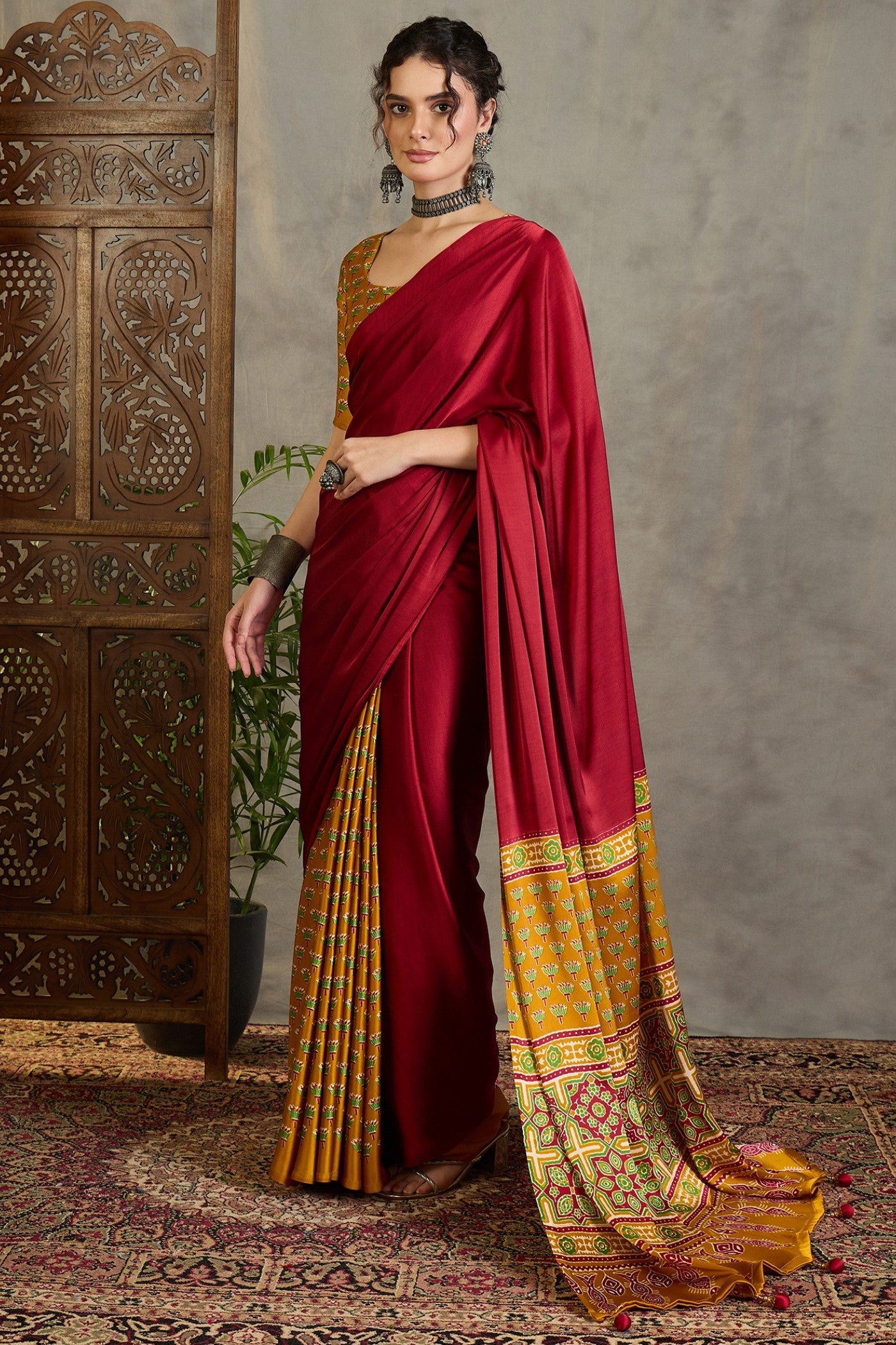 Buy MySilkLove Brick Red and Yellow Ajrakh Printed Satin Crepe Silk Saree Online