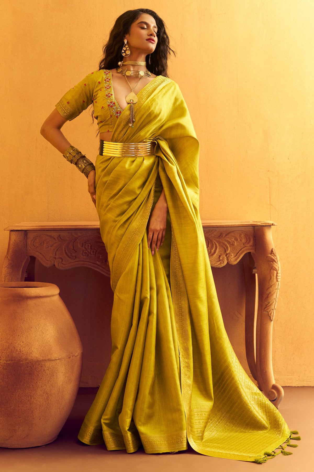 Buy MySilkLove Key Lime Green Tussar Handloom Silk Saree Online