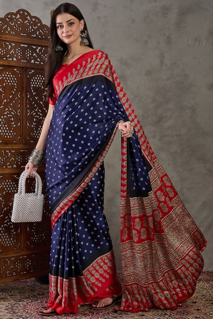 Buy MySilkLove Bismark Blue and Red Ajrakh Printed Satin Gaji Silk Saree Online