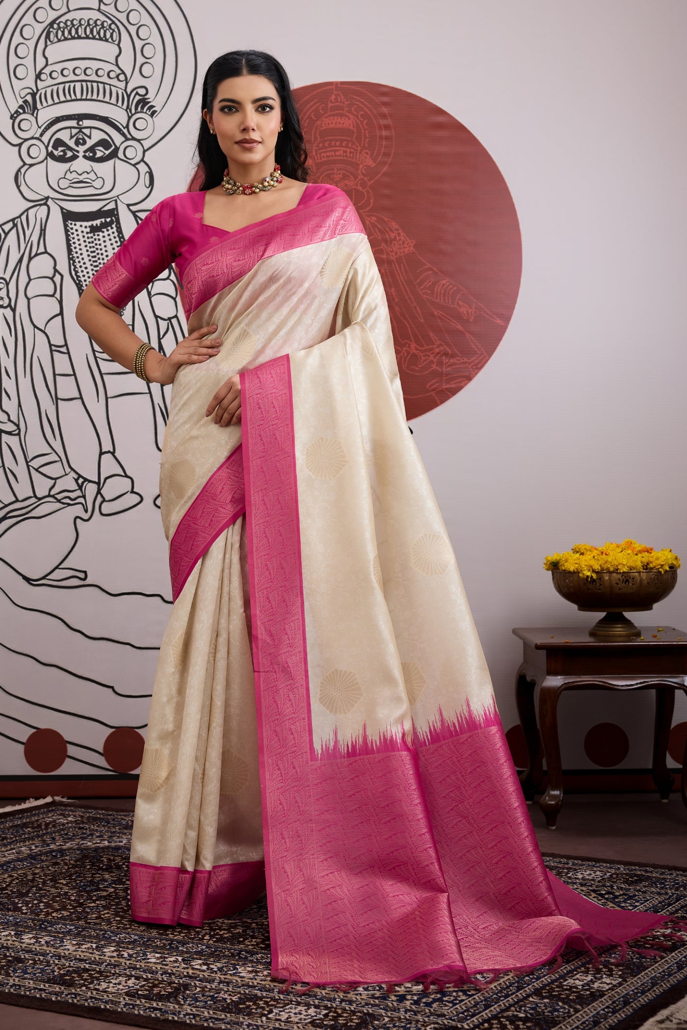 Buy MySilkLove Oyster Cream and Pink Handloom South Silk Saree Online