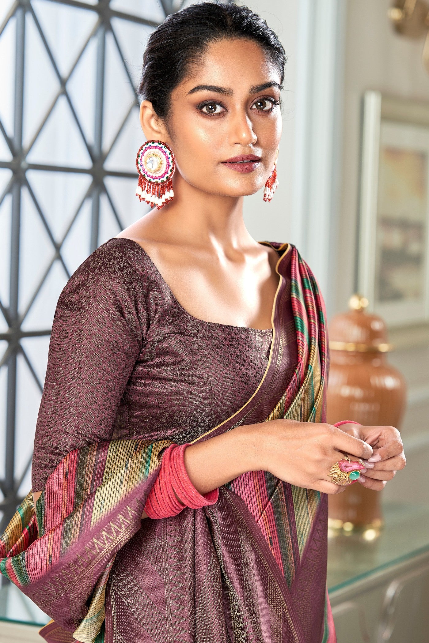 MySilkLove Roman Coffee Brown Digital Printed Banarasi Saree