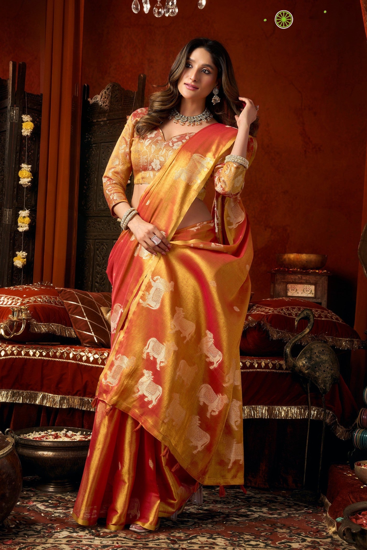 Buy MySilkLove Vivid Orange Handloom Tissue Saree Online