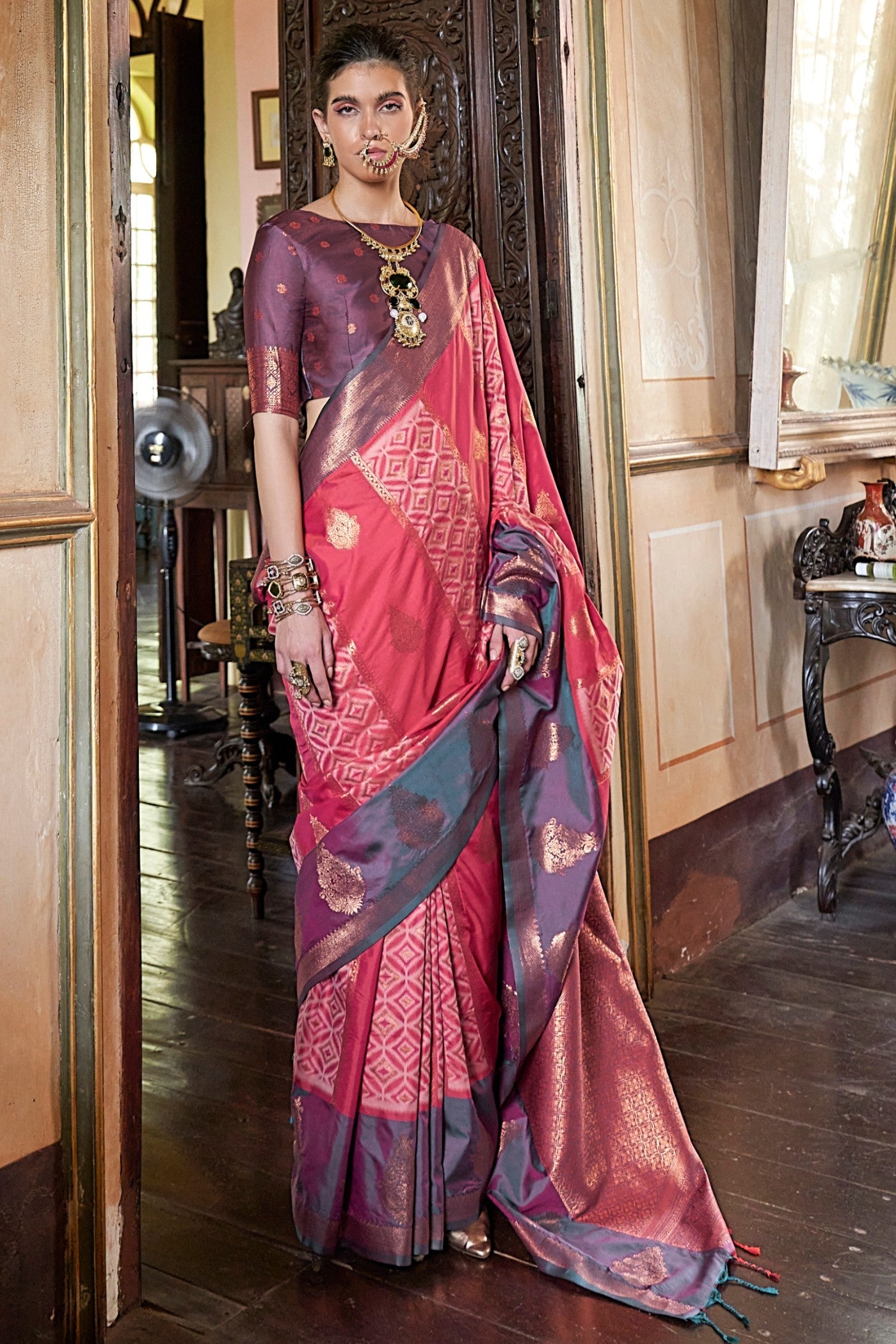 Buy MySilkLove Jam Pink Banarasi Handloom Saree Online