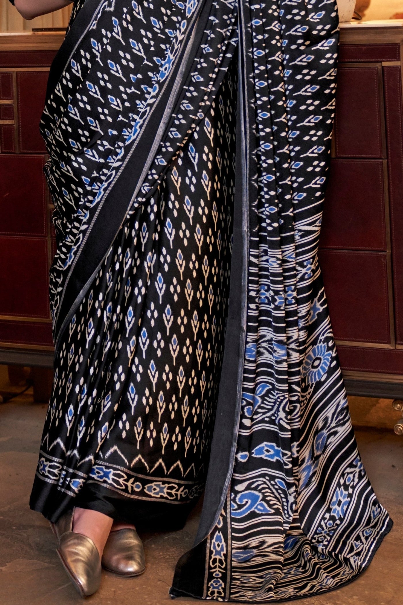 Buy MySilkLove Spider Black Patola Printed Satin Crepe Saree Online