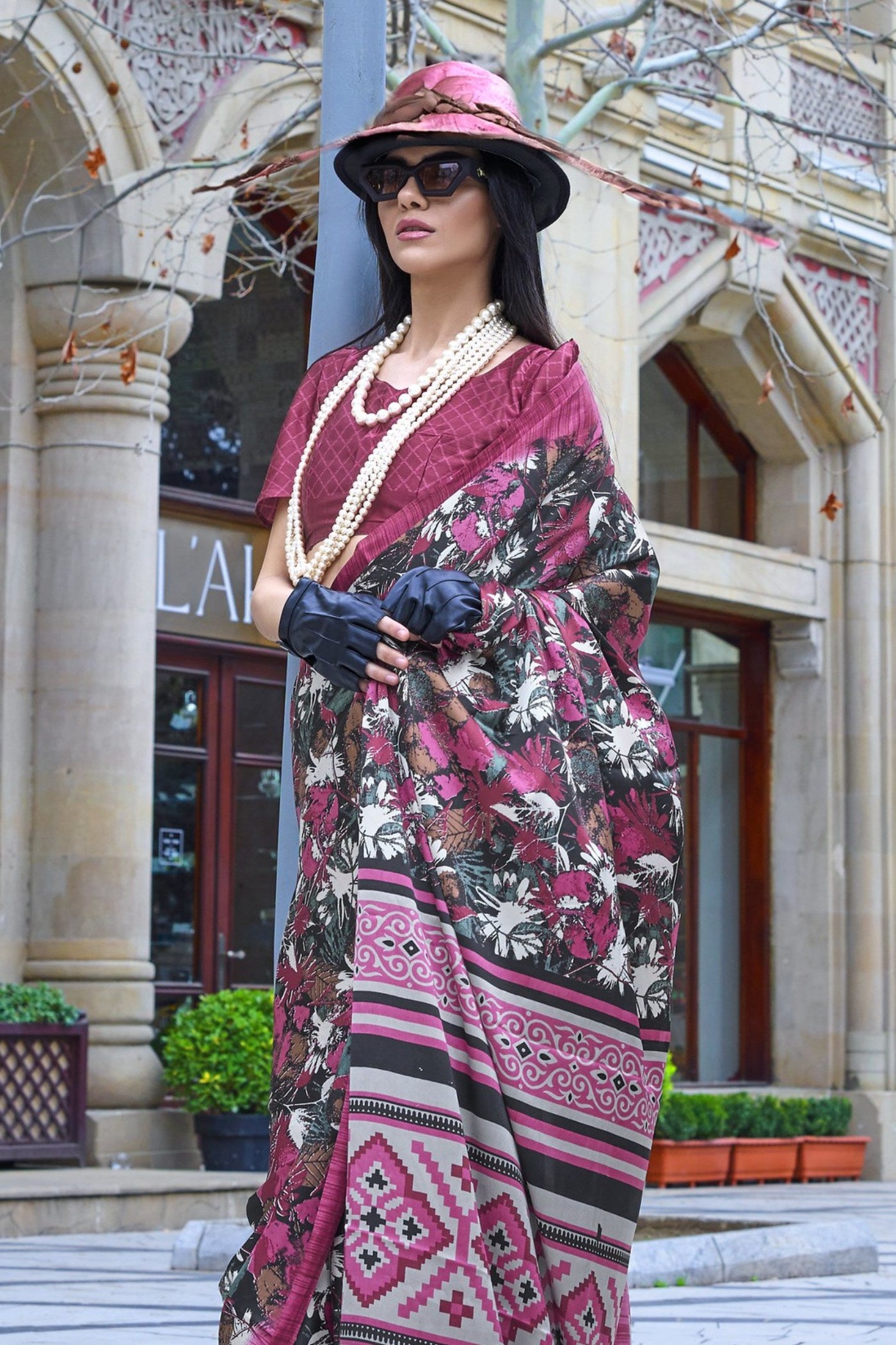 Buy MySilkLove Berry Pink and Brown Printed Satin Crepe Silk Saree Online