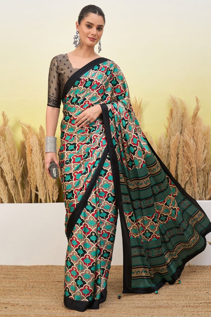 Buy MySilkLove Wild Blue and Black Modal Satin Printed Silk Saree Online