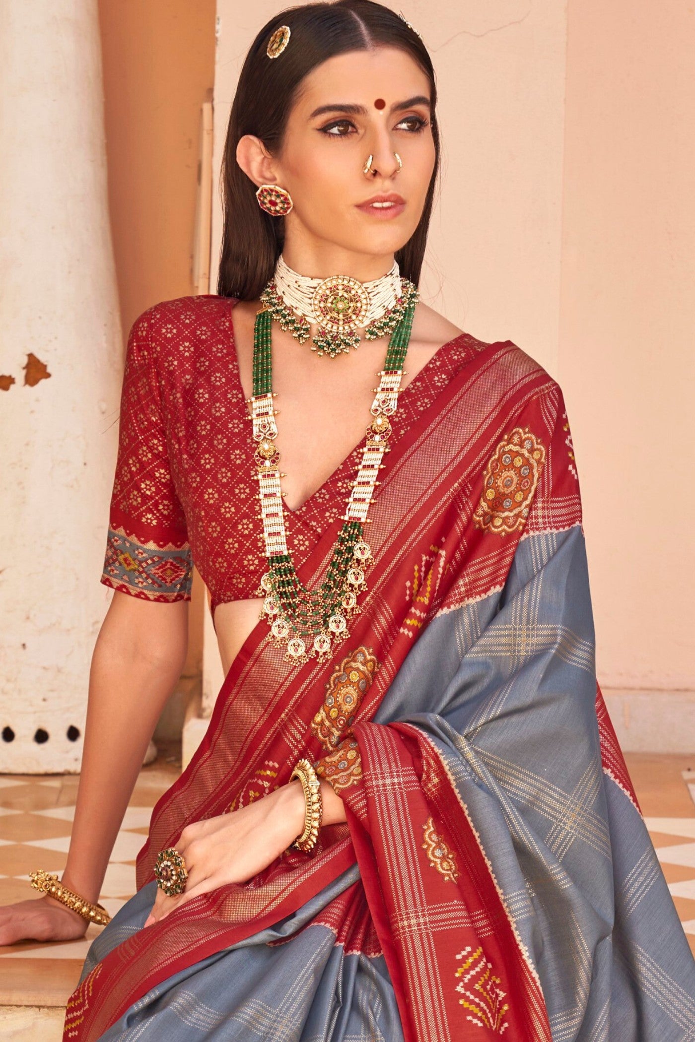 Buy MySilkLove Stone Grey and Red Printed Patola Saree Online