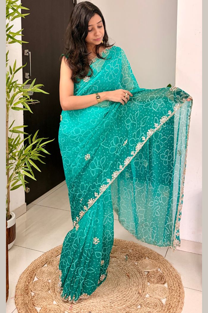 Buy MySilkLove Aqua Teal Georgette Chiffon Bead Work Saree Online