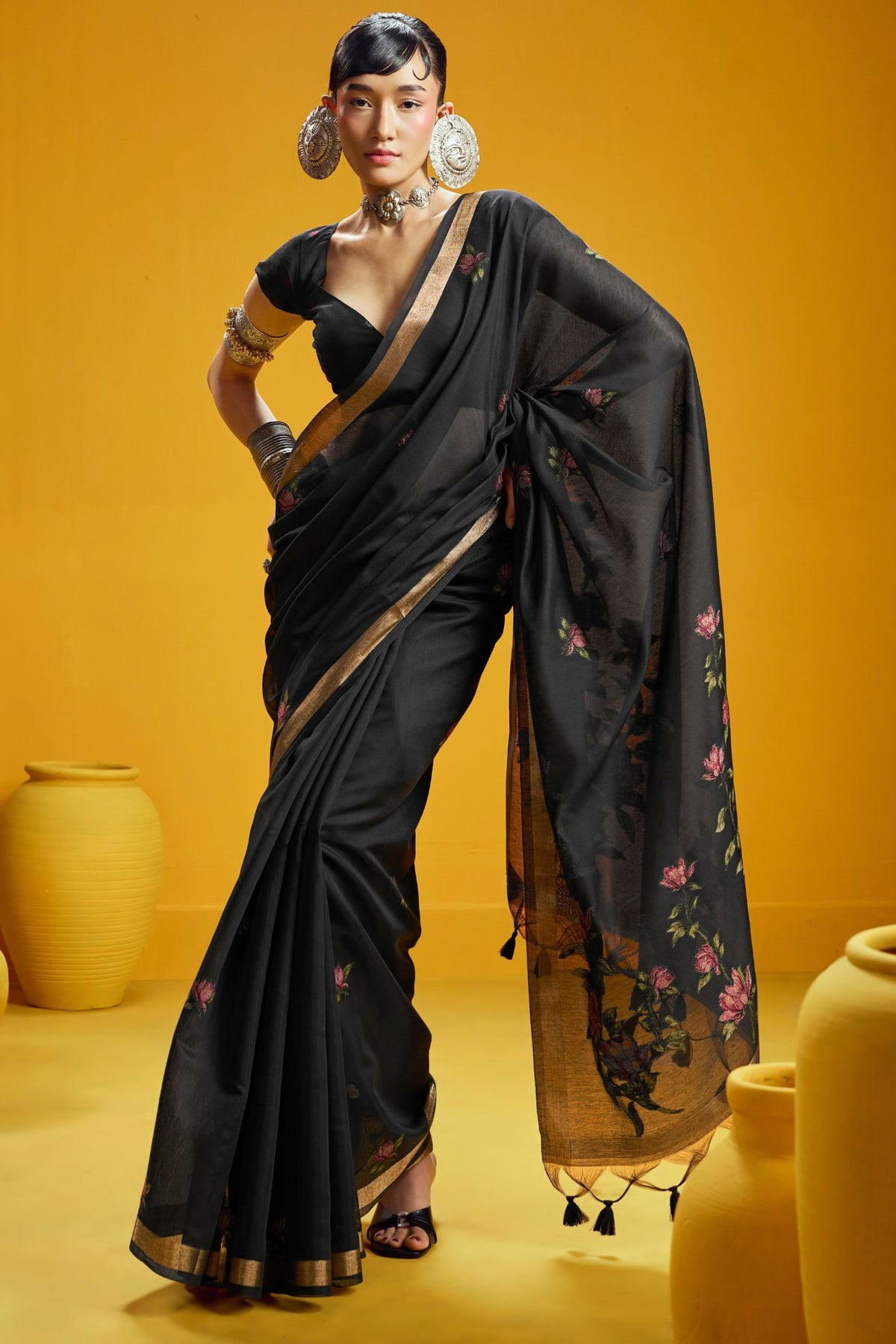 Buy MySilkLove Jet Black Handloom Muga Cotton Saree Online