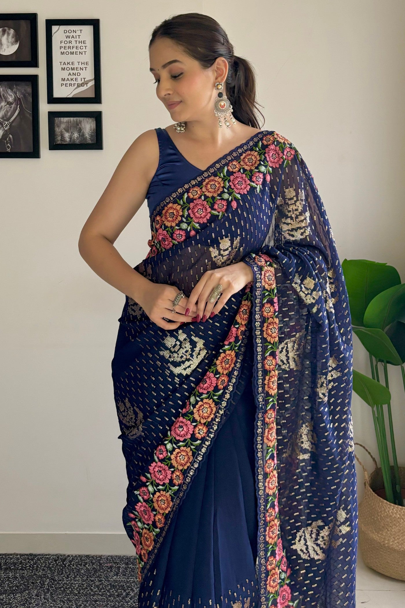 Buy MySilkLove Navy Blue Embroidery Designer Georgette Saree Online