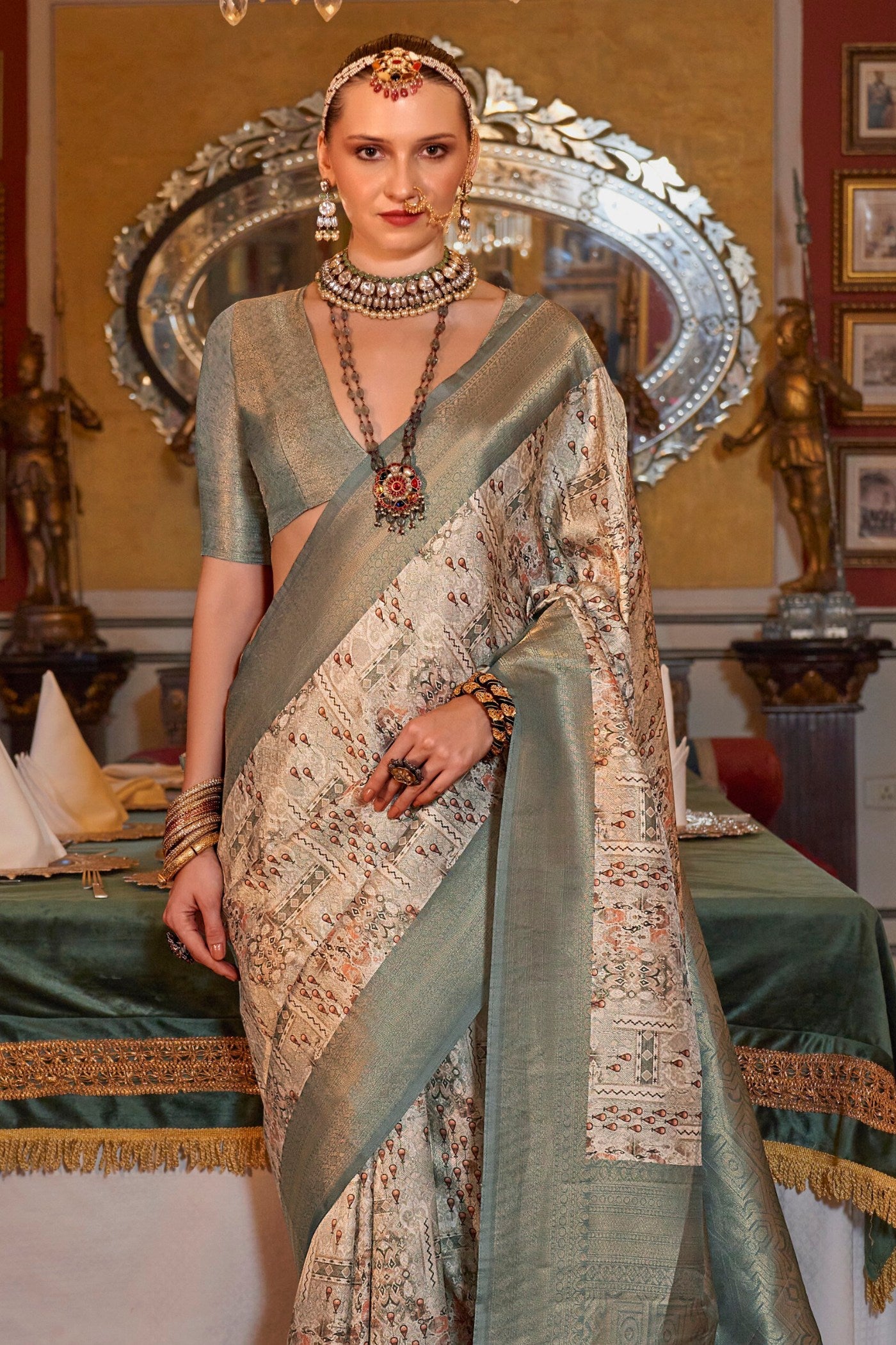 Buy MySilkLove Locust Cream and Green Banarasi Digital Printed Saree Online