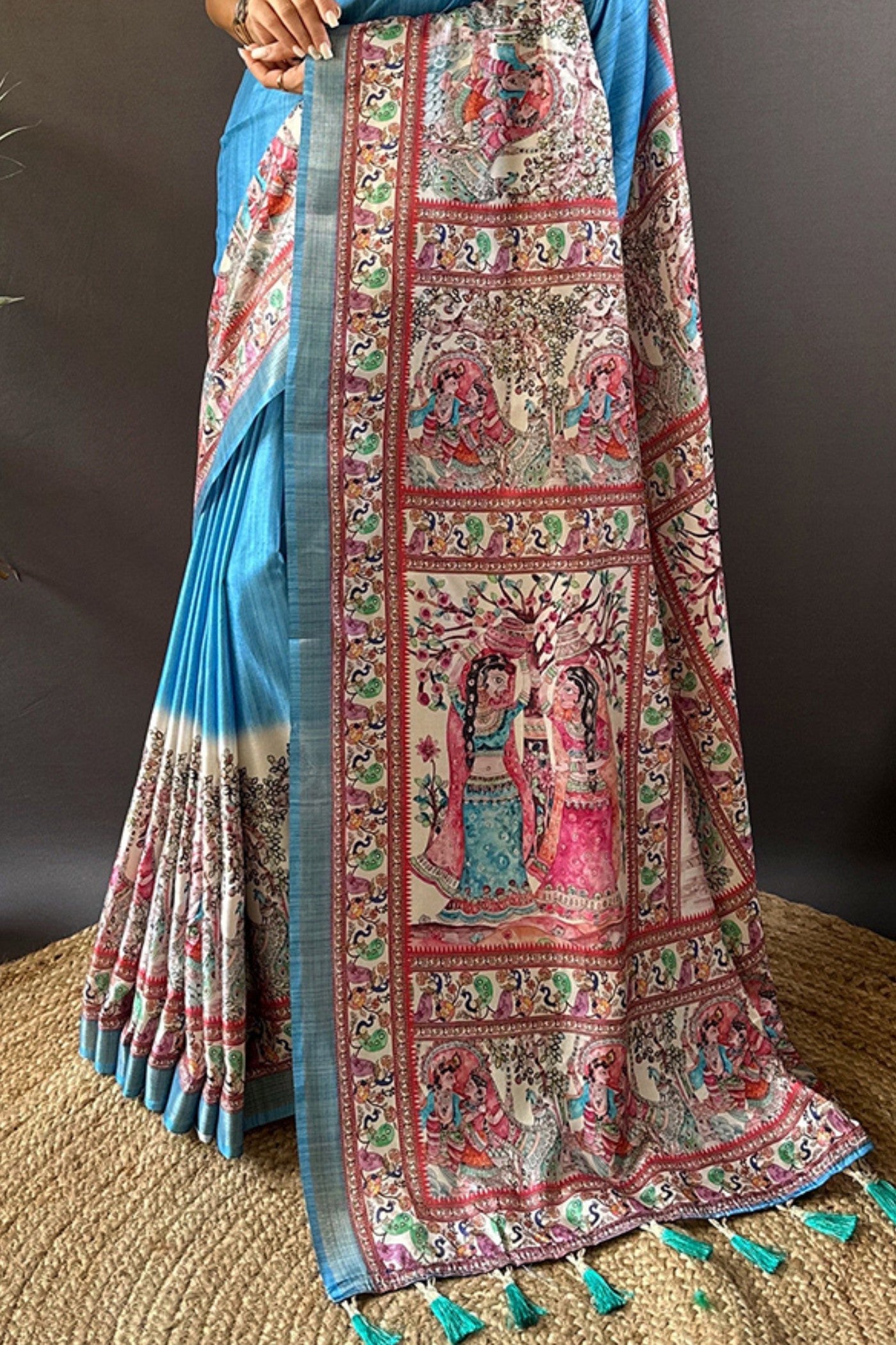 Buy MySilkLove Picton Blue Madhubani Printed Tussar Silk Saree Online