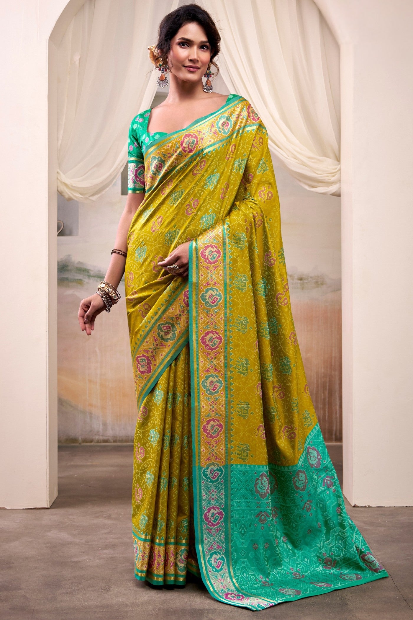 Buy MySilkLove Volt Green Woven Patola Silk Saree Online