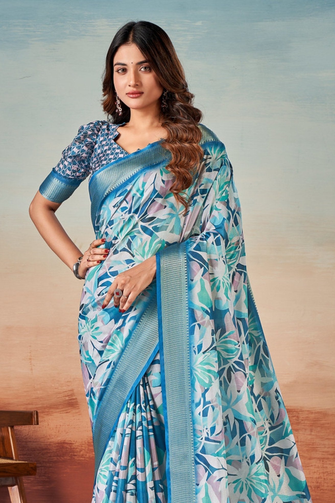 Buy MySilkLove Sky Blue Banarasi Digital Printed Saree Online