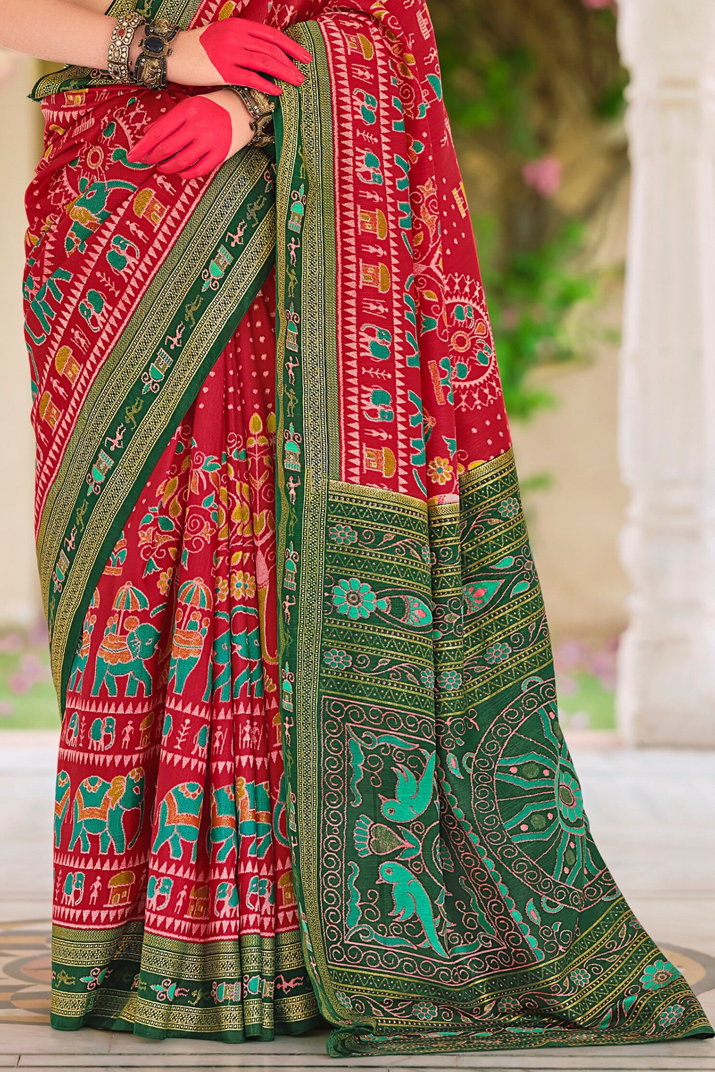 Buy MySilkLove Chilly Red and Green Printed Patola Saree Online