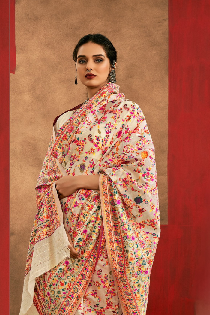 MySilkLove Ivory Cream Kashmiri Handloom Jamewar Saree