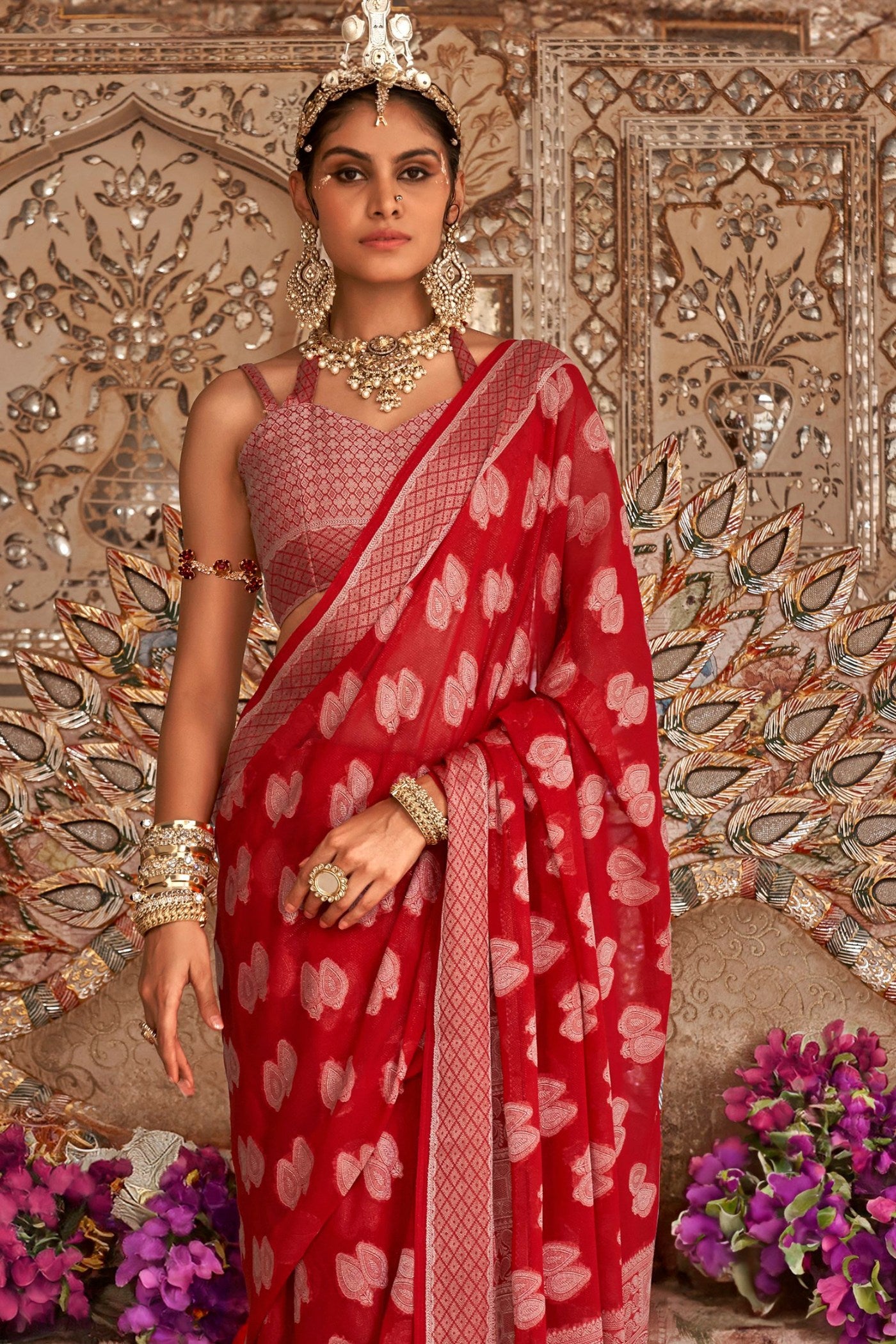 Buy MySilkLove Chilli Red Zari Woven Georgette Saree Online