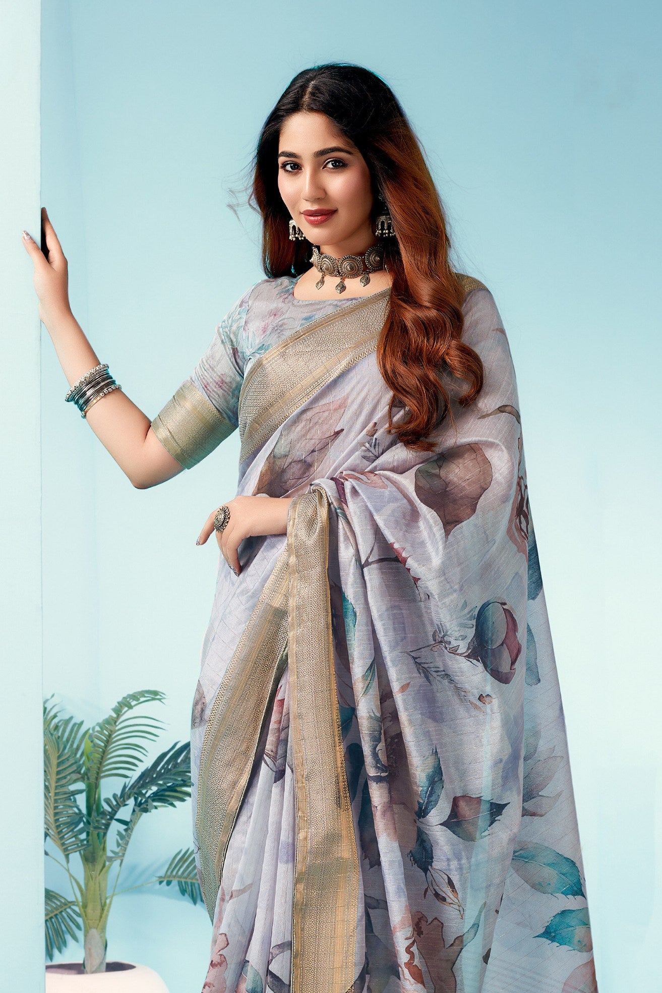 Buy MySilkLove Gull Grey Floral Linen Saree Online