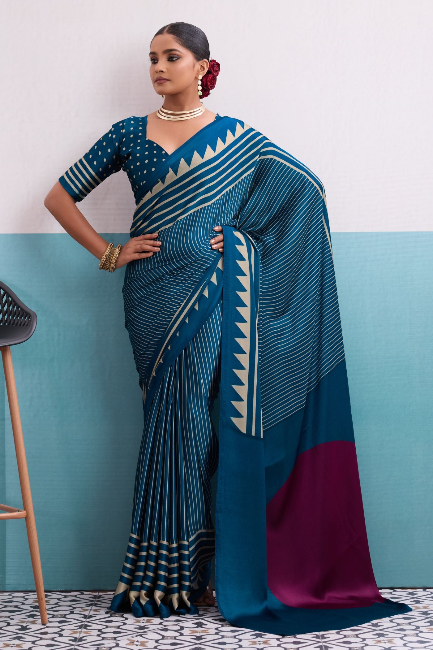 Buy MySilkLove Marine Blue Stripe Ajrakh Printed Satin Crepe Silk Saree Online