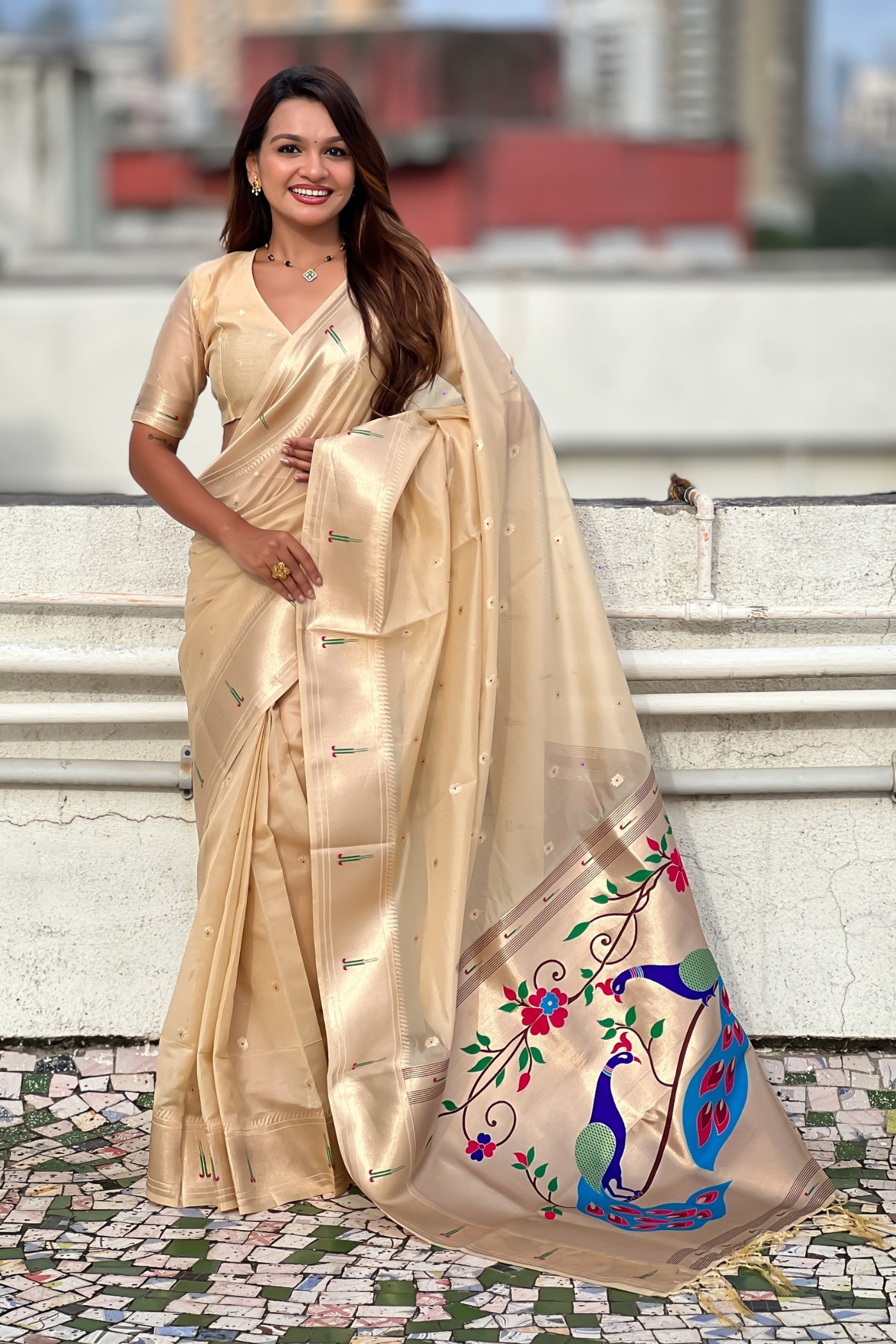 Buy MySilkLove Milk White Organza Woven Paithani Saree Online