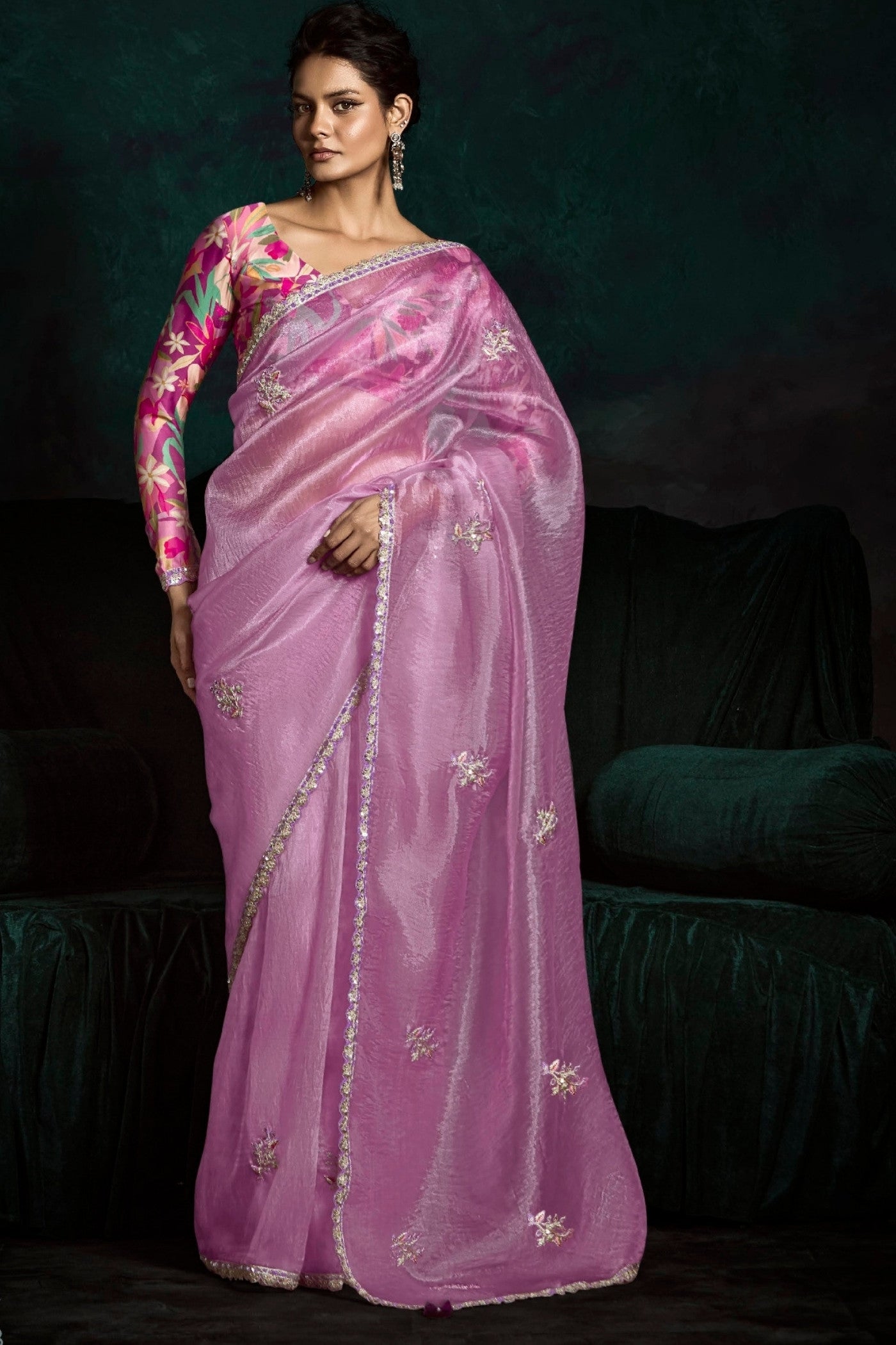 Buy MySilkLove Bubblegum Pink Embroidered Tissue Designer Saree Online