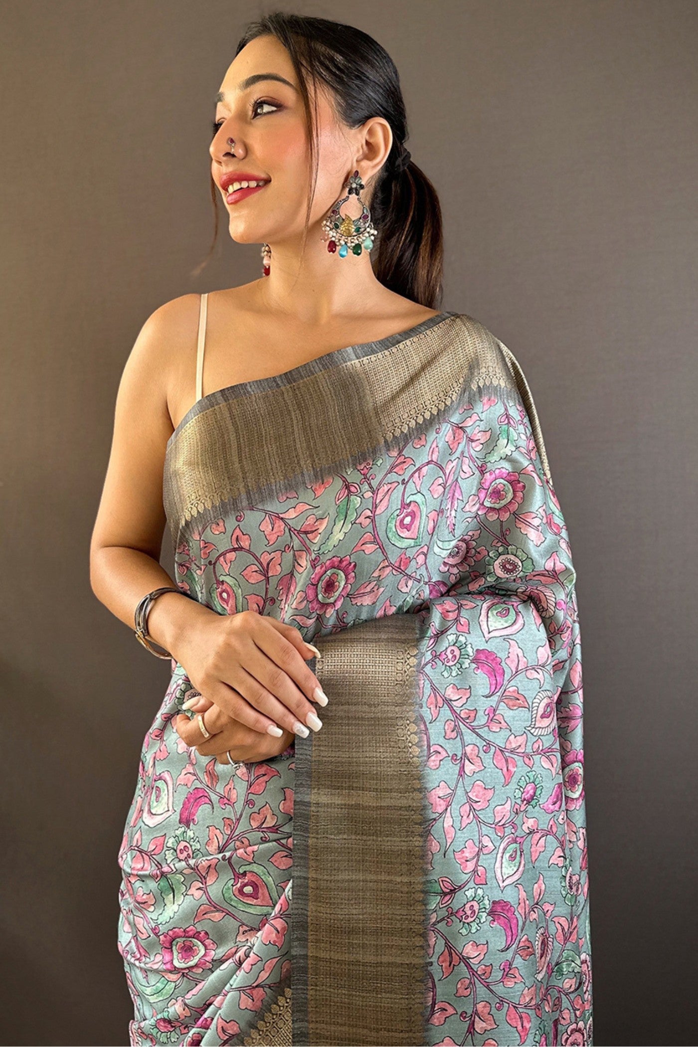 Buy MySilkLove Stone Grey Printed Tussar Silk Saree Online