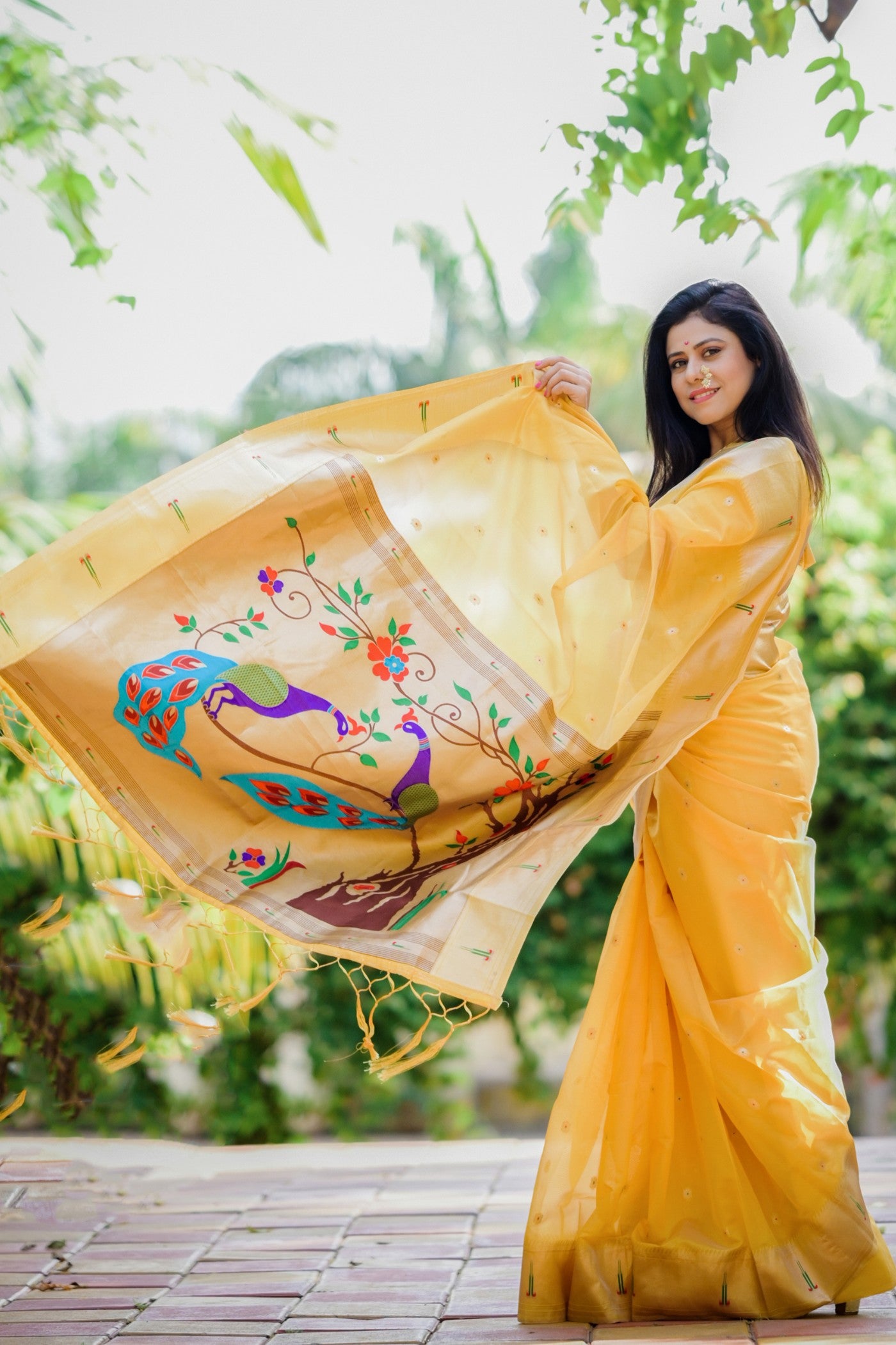 Buy MySilkLove Bumblebee Yellow Organza Woven Paithani Saree Online