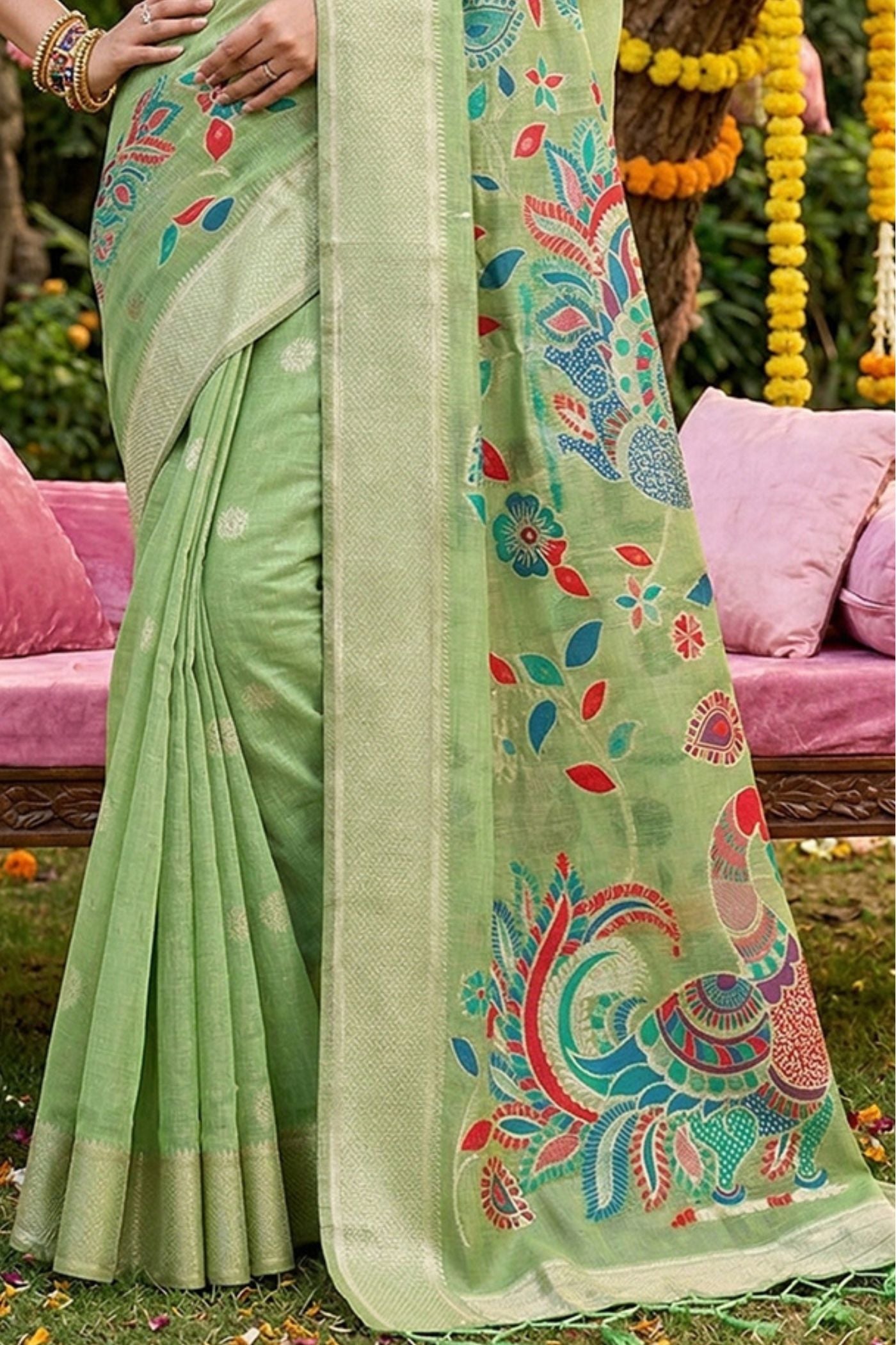 Buy MySilkLove Pista Green Woven Linen Cotton Saree Online