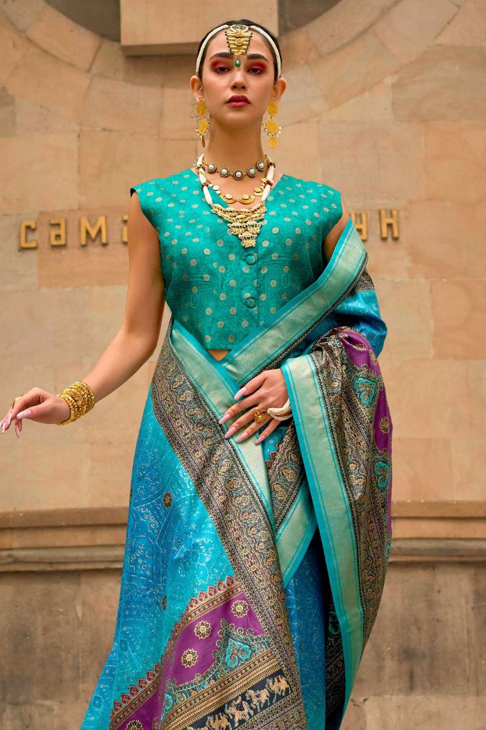 Buy MySilkLove Eastern Blue Printed Patola Saree Online