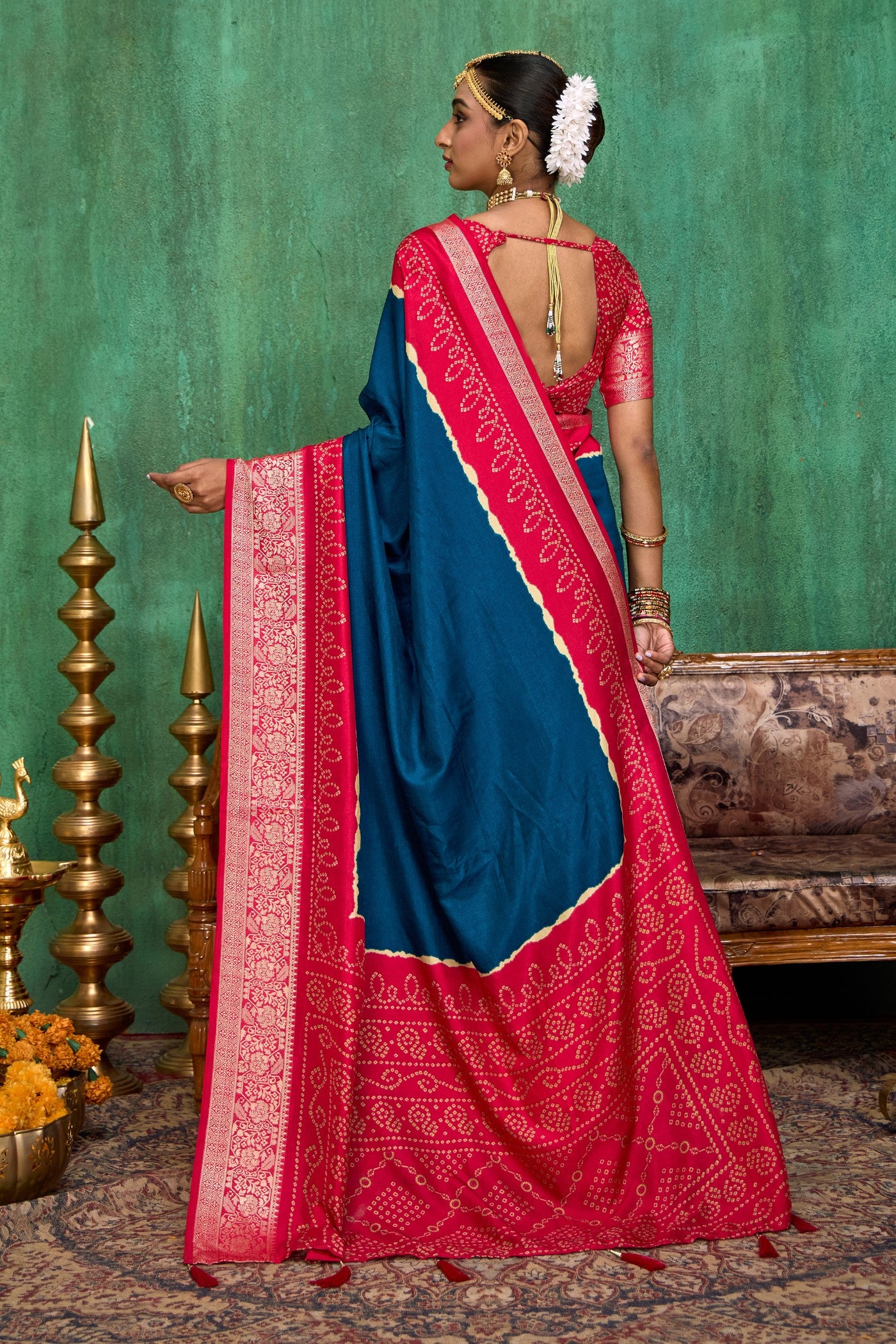 Buy MySilkLove Savoy Blue Tussar Bandhani Silk Saree Online