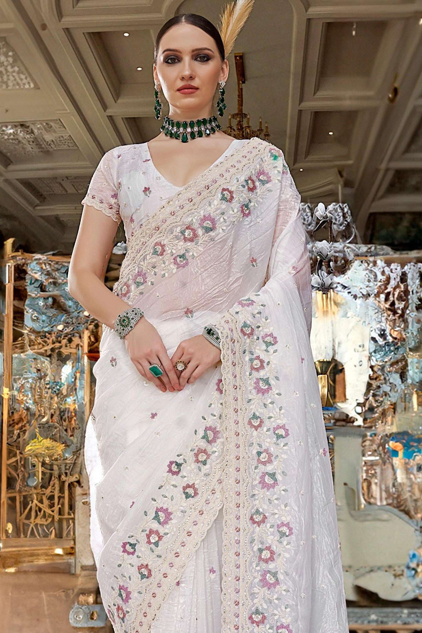 Buy MySilkLove Pearl White Embroidery Designer Saree Online