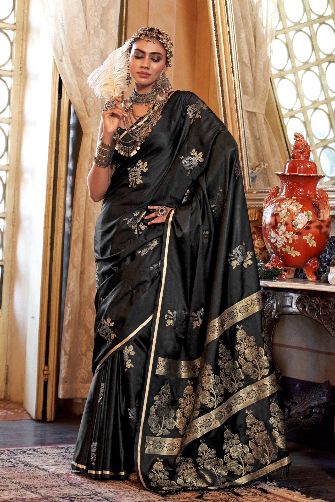 Buy MySilkLove Grease Black Banarasi Satin Saree Online