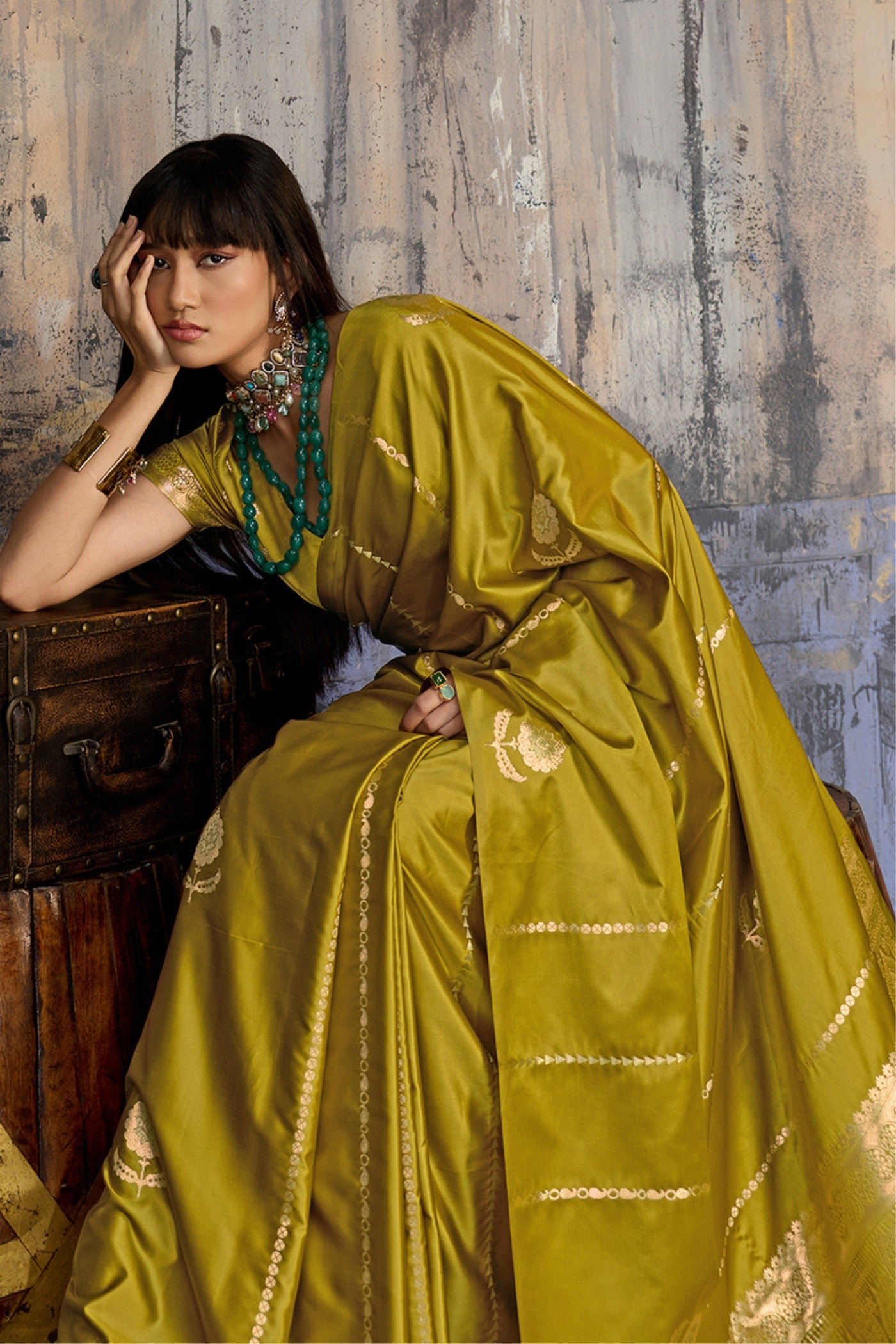 Buy MySilkLove Lime Green Handloom Satin Silk Saree Online