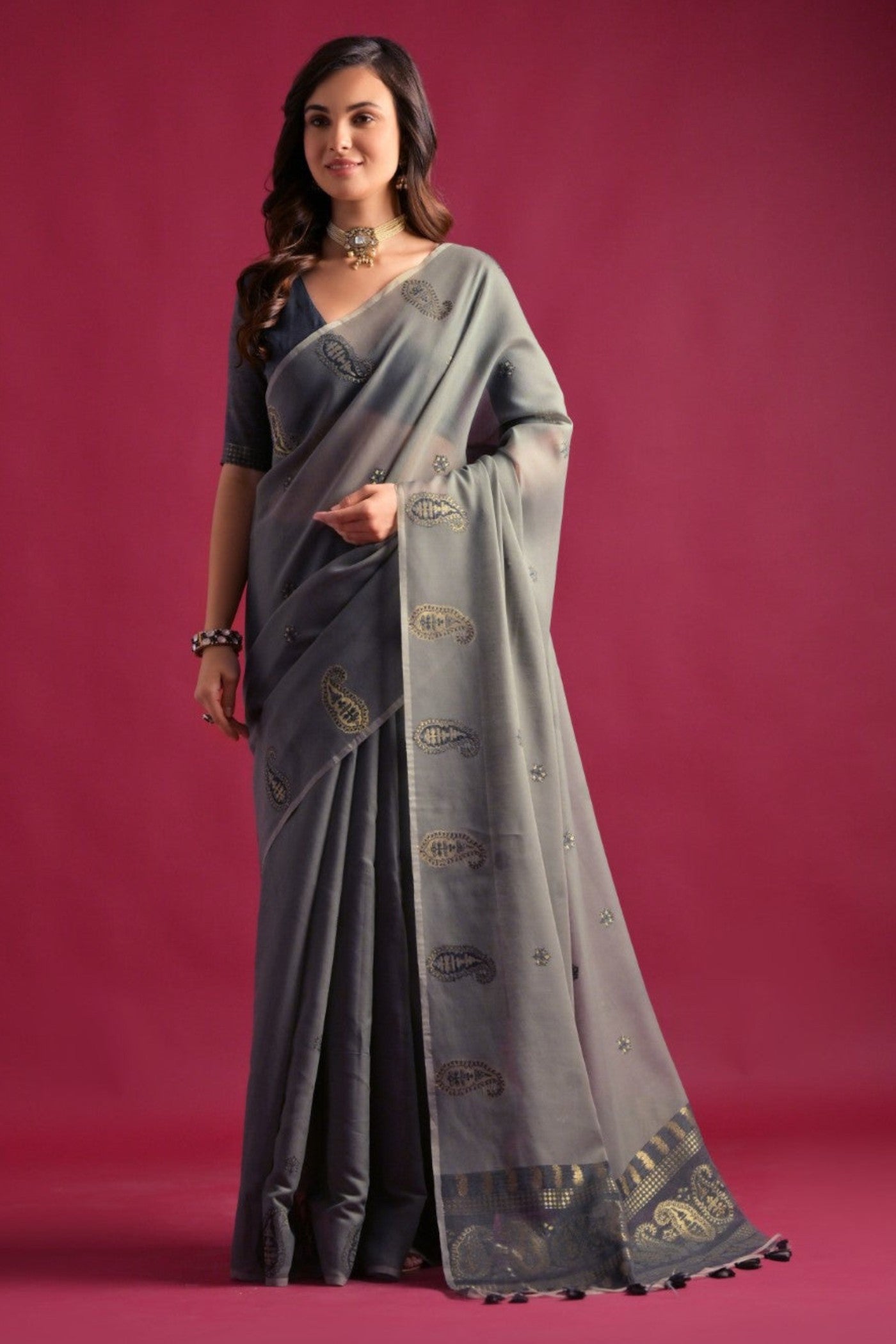 Buy MySilkLove Cloudy Grey Woven Mul Cotton Saree Online