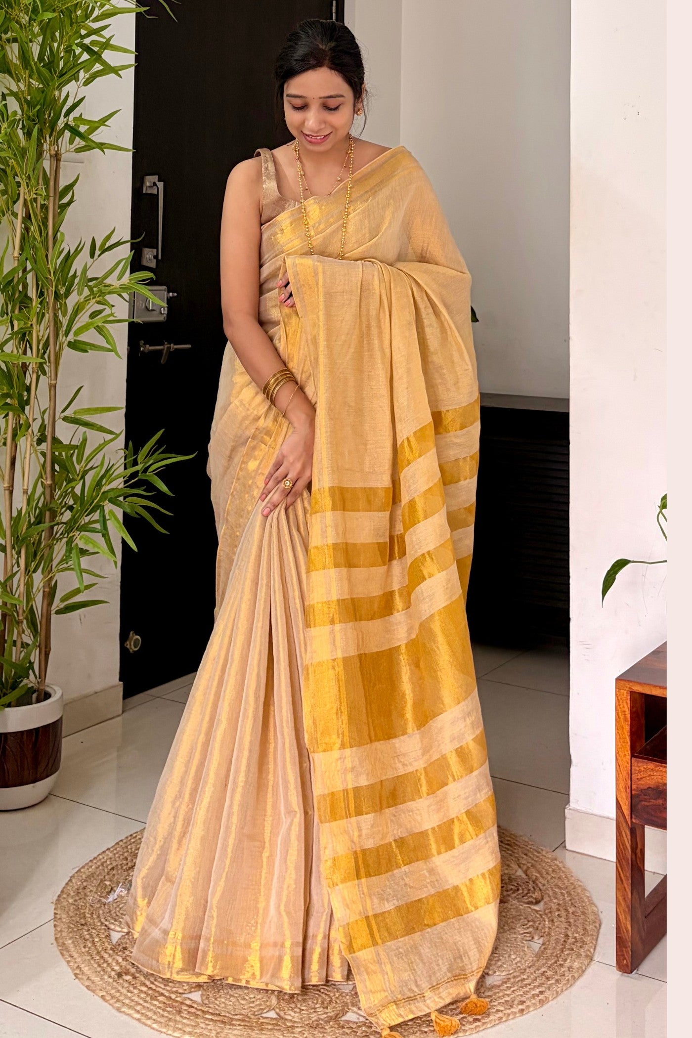 Buy MySilkLove Butter Cream Tissue Woven Silk Saree Online
