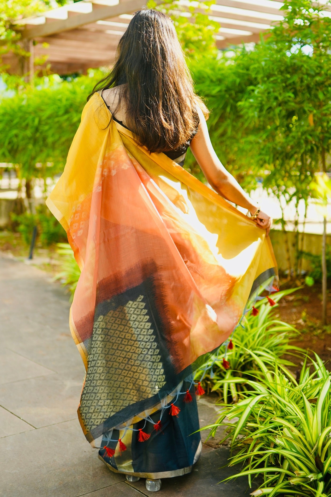 Buy MySilkLove Ink Black and Yellow Handloom Cotton Saree Online