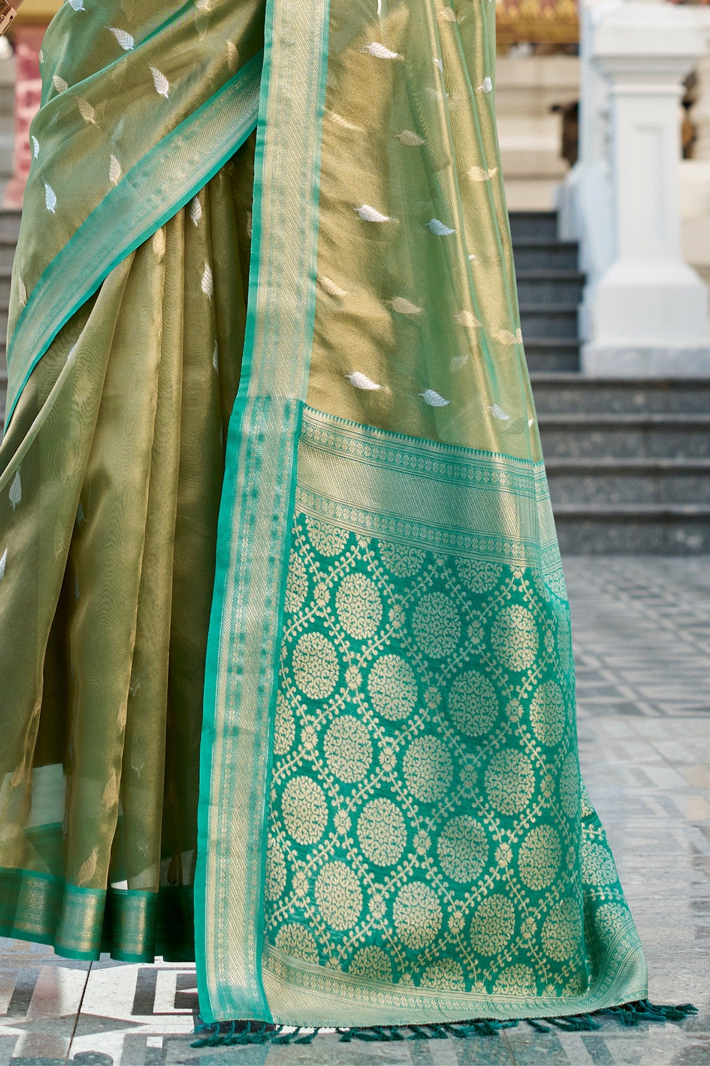 Buy MySilkLove Sapling Green Tissue Silk Saree Online