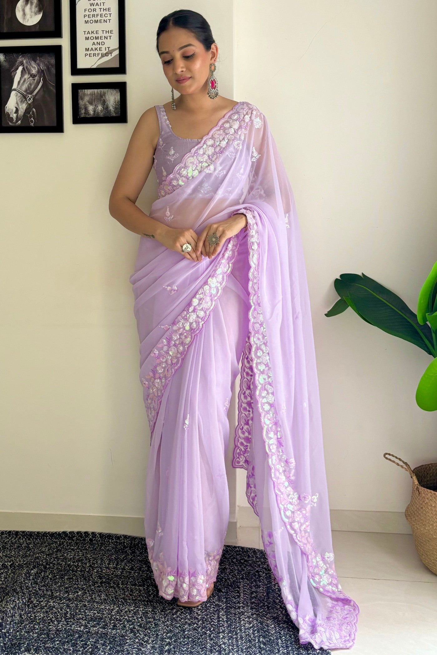 Buy MySilkLove Cherub Lavender Embroidery Georgette saree Online