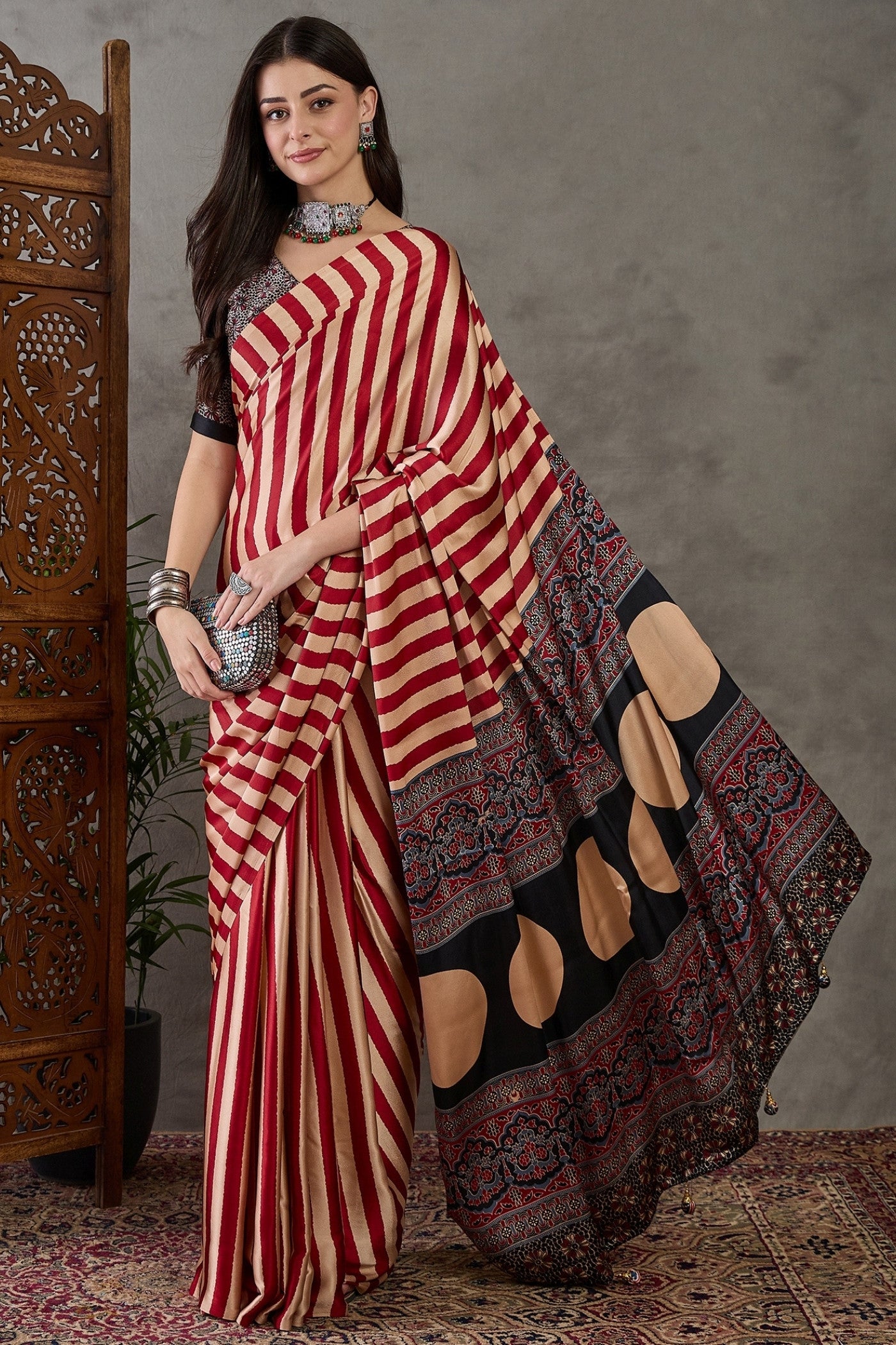 Buy MySilkLove Venetian Red Stripe Ajrakh Printed Satin Gaji Silk Saree Online