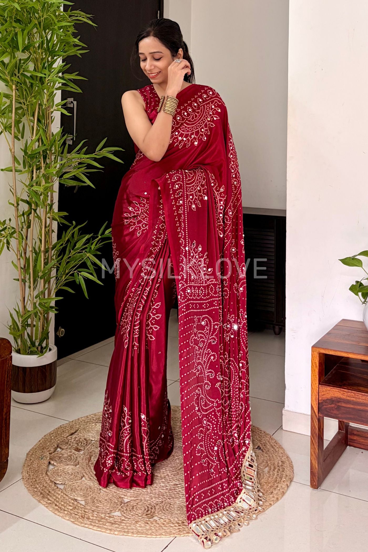 Buy MySilkLove Coral Red Bandhani Gaji Satin Mirror Work Silk Crepe Saree Online